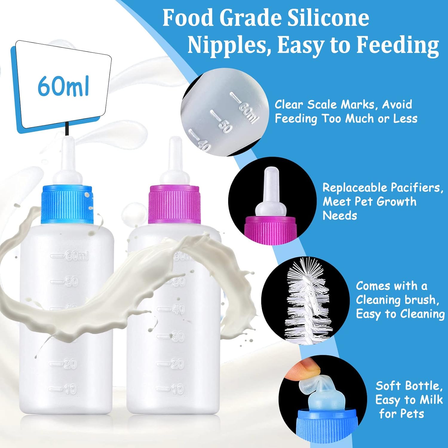 Pet Nursing Bottle Kit Puppy Feeding Bottles with Replacement Nipples