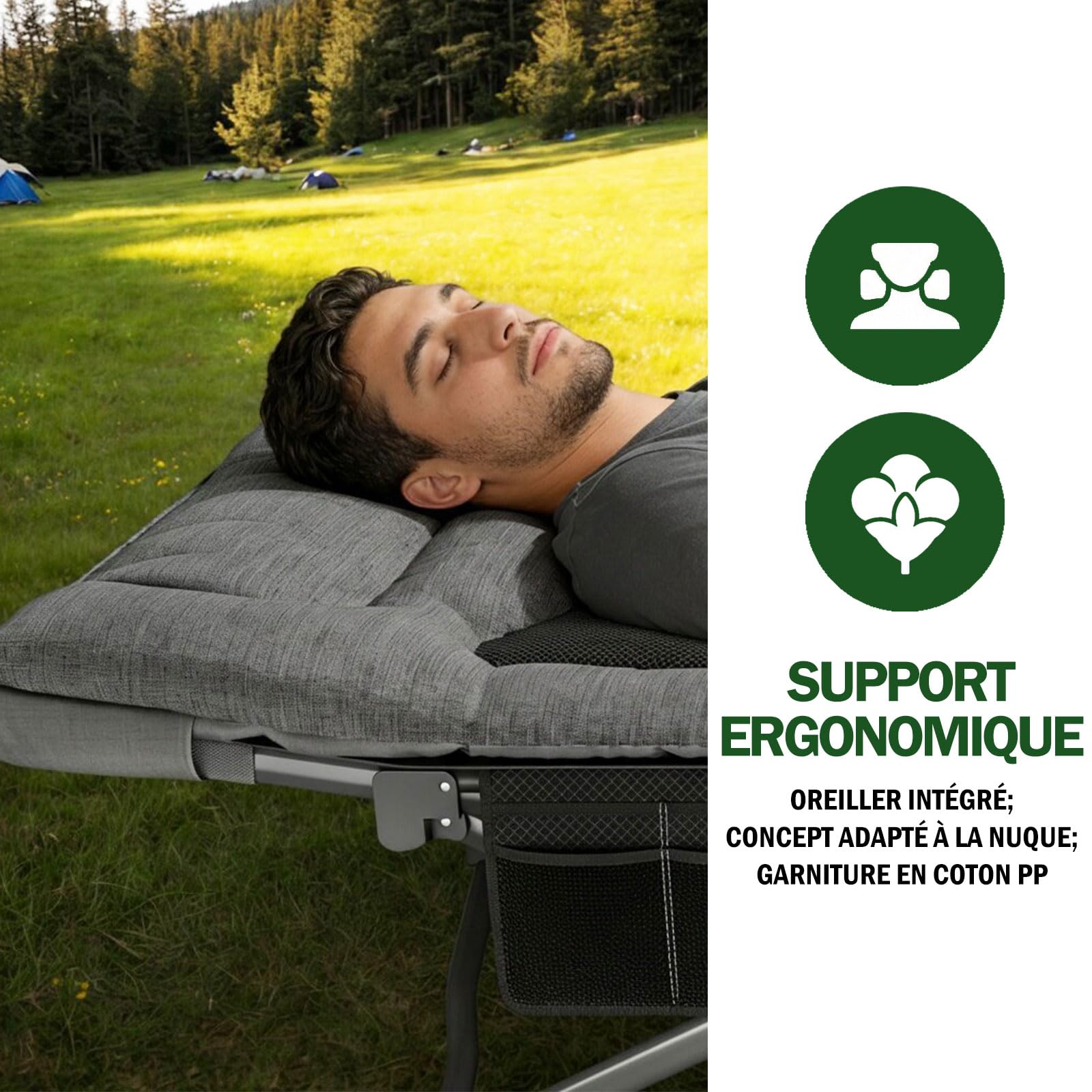 Lit de Camping Pliable pour Adultes avec Matelas, Lit de Sieste Portable Réglable, Charge Maximale 200kg – Inclut Sacoche de Transport, Gris