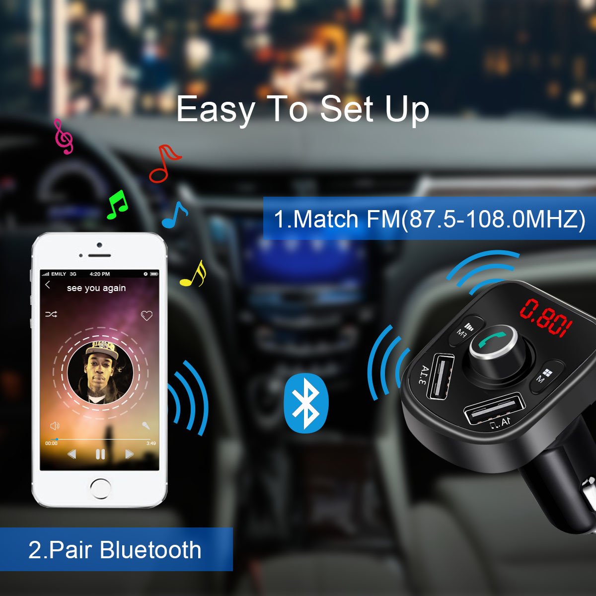CDEN Kit Lettore MP3 Auto Adattatore Trasmettitore FM Vivavoce Bluetooth Con Caricabatterie USB