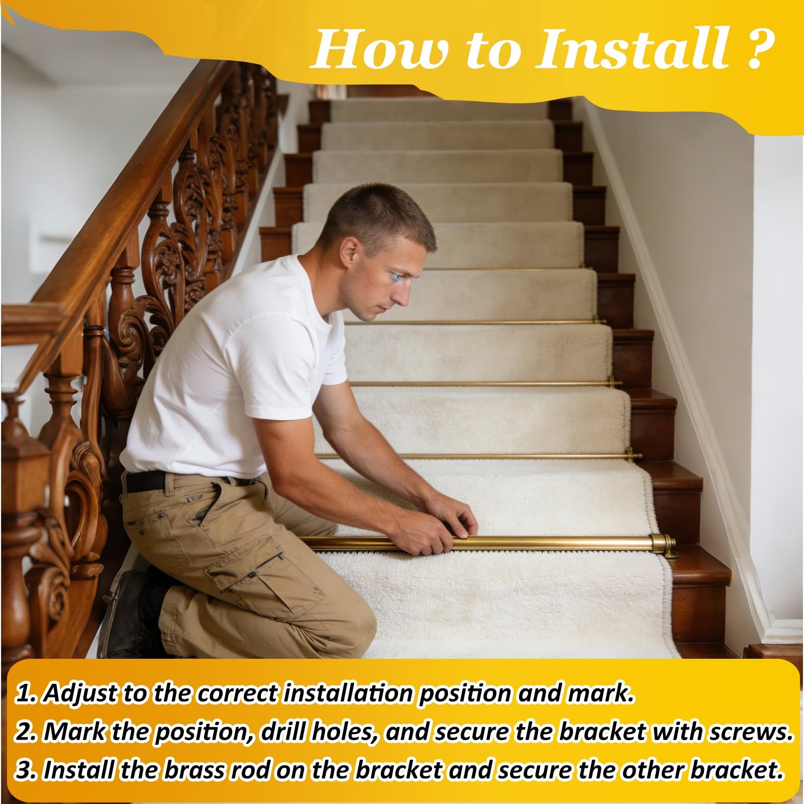 Barres de Fixation pour Tapis d'escalier, Barres en Laiton, Lot de 2 (30 po), Supports de Tapis faciles à Installer pour descentes de lit, Barres de Marche d'escalier durables, Longueurs rég