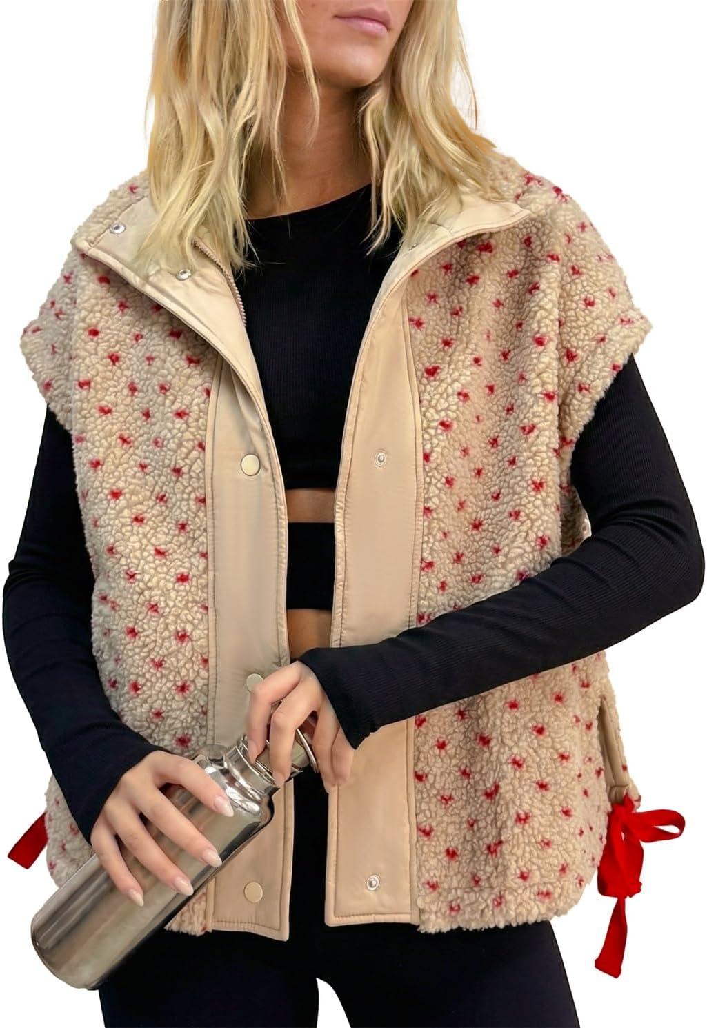 Womens Sherpa Vest Polka Dot Fleece Vests Button Up Cap Sleeve Coats Casual Oversized Warm Winter Outwear
