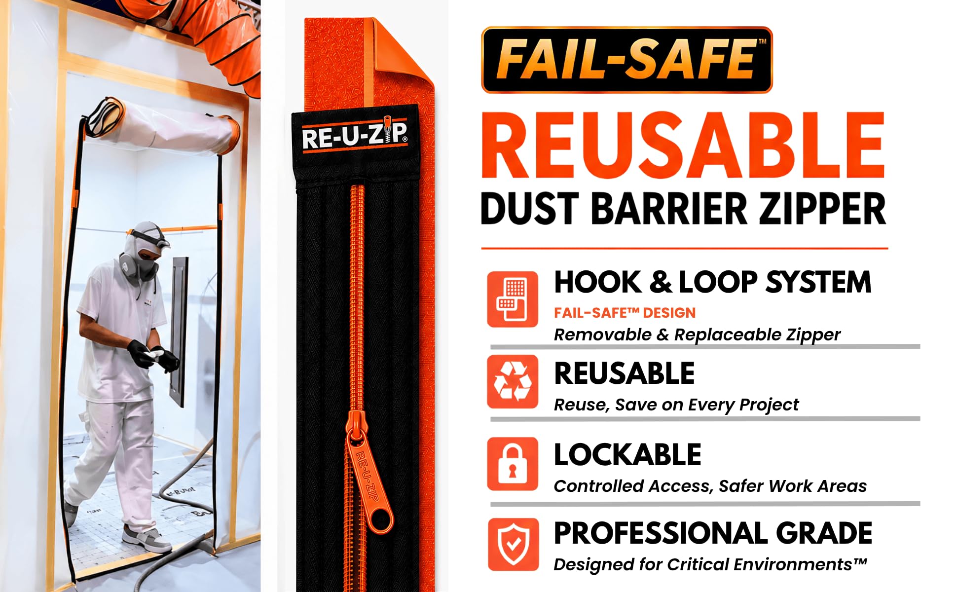 RE-U-ZIP Cremallera de barrera de polvo reutilizable | Paquete Pro – 6 cremalleras naranjas + 12 tiras de montaje + funda de transporte
