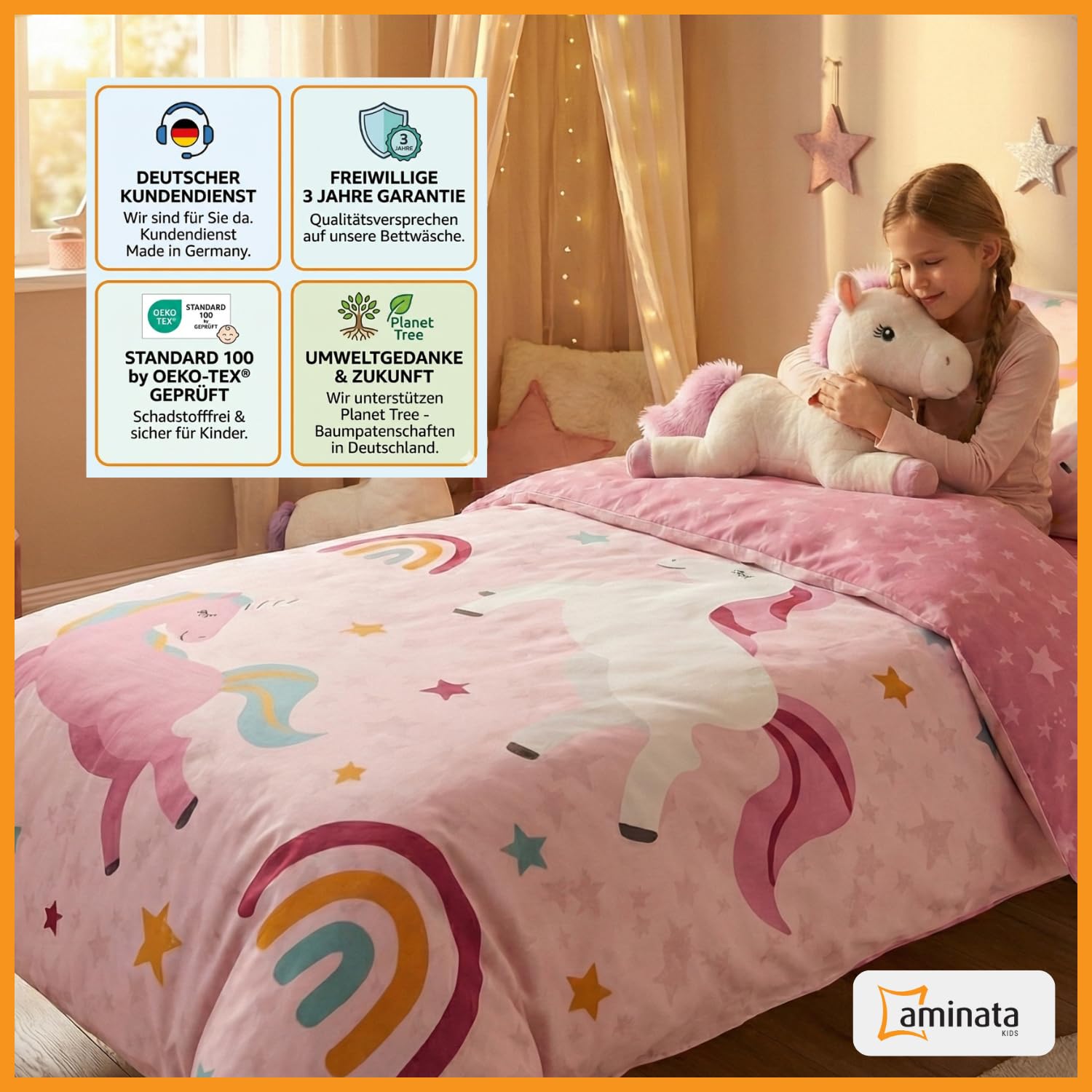 Aminata kids Biber Bettwäsche 135x200 Einhorn Regenbogen-Motiv Kinder Mädchen 100% Baumwolle Rosa YKK Reißverschluss - Einhorn-Wende-Bettwäsche-Set