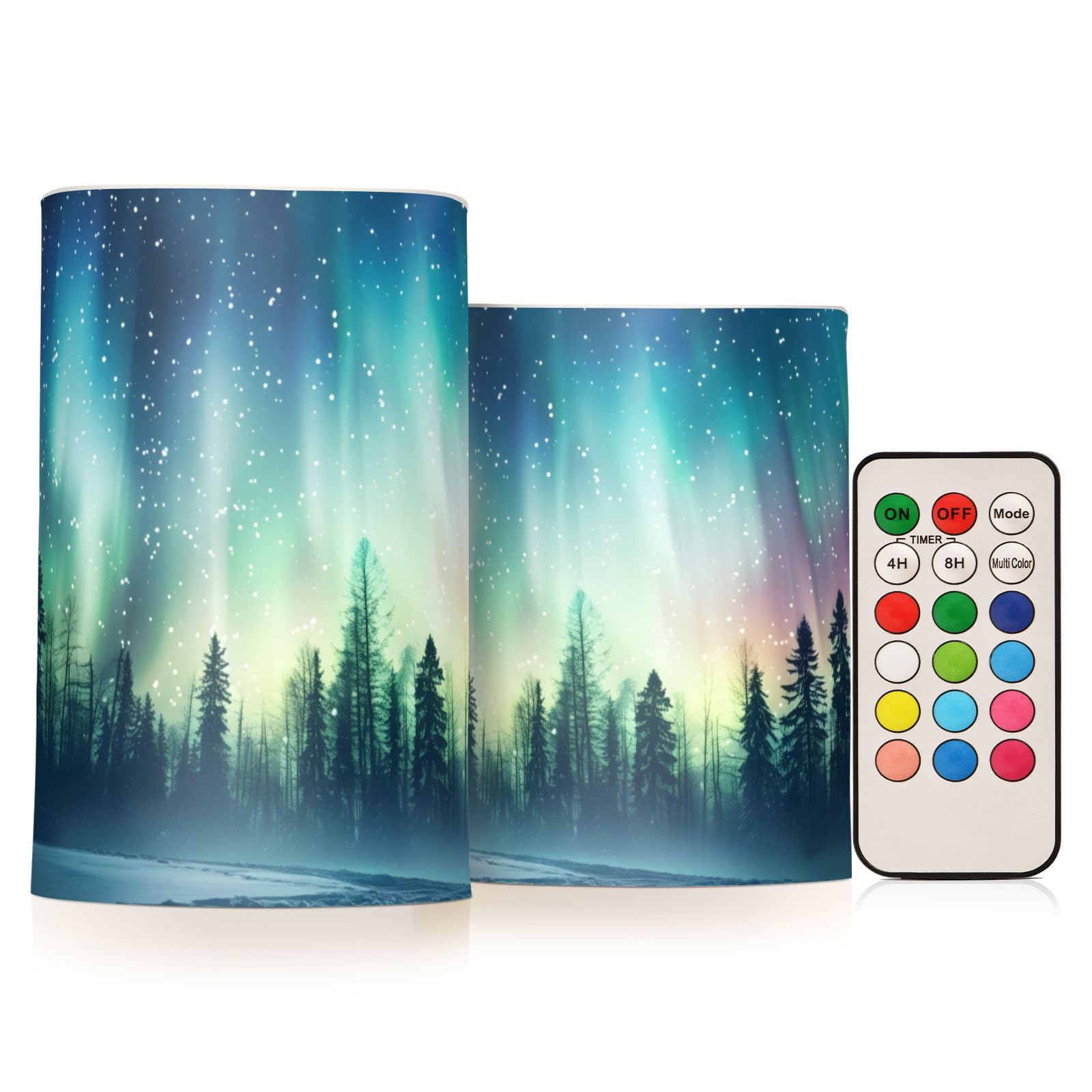 Mnsruu Flickering Flameless Candles Aurora Forest Snow LED Candles with Remote Timer Set of 2 Battery Operated Candle Home Decoration