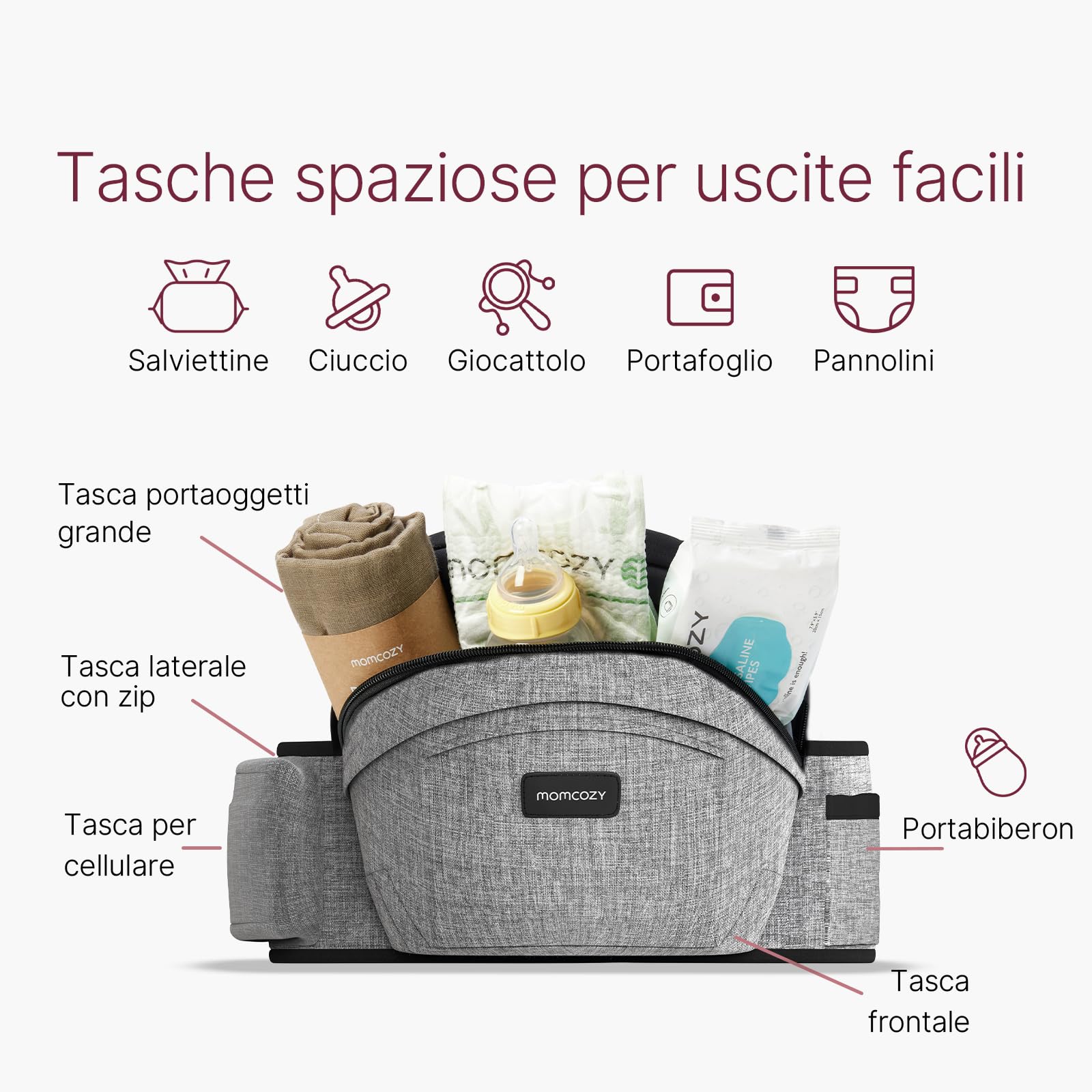 Marsupio per Bambini Momcozy - Cintura Regolabile con Protettore Ventrale 3D Originale, Marsupio Ergonomico con Varie Tasche per Neonati e Bambini fino a 45lbs (Grigio, Medio)