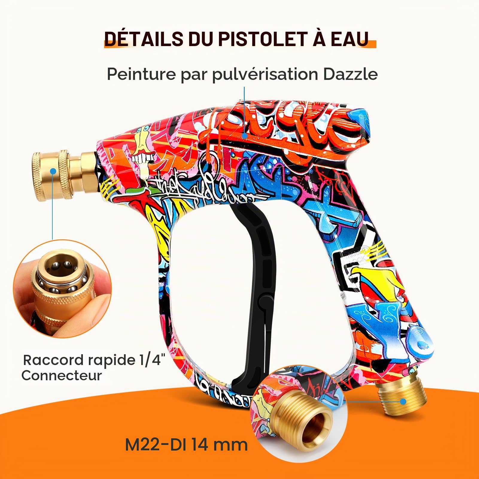 Pistolet de nettoyage à haute pression M22-14 mm, 4000 psi, 5 buses et 2 connecteurs de tuyau, entrée d'eau 6,35 mm