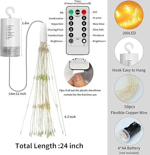 Miniatura 6 de BINBINLED Paquete de 4 800 luces LED de fuegos artificiales, luces de explosión de estrellas, lámpara colgante a pilas con control remoto, 8 modos
