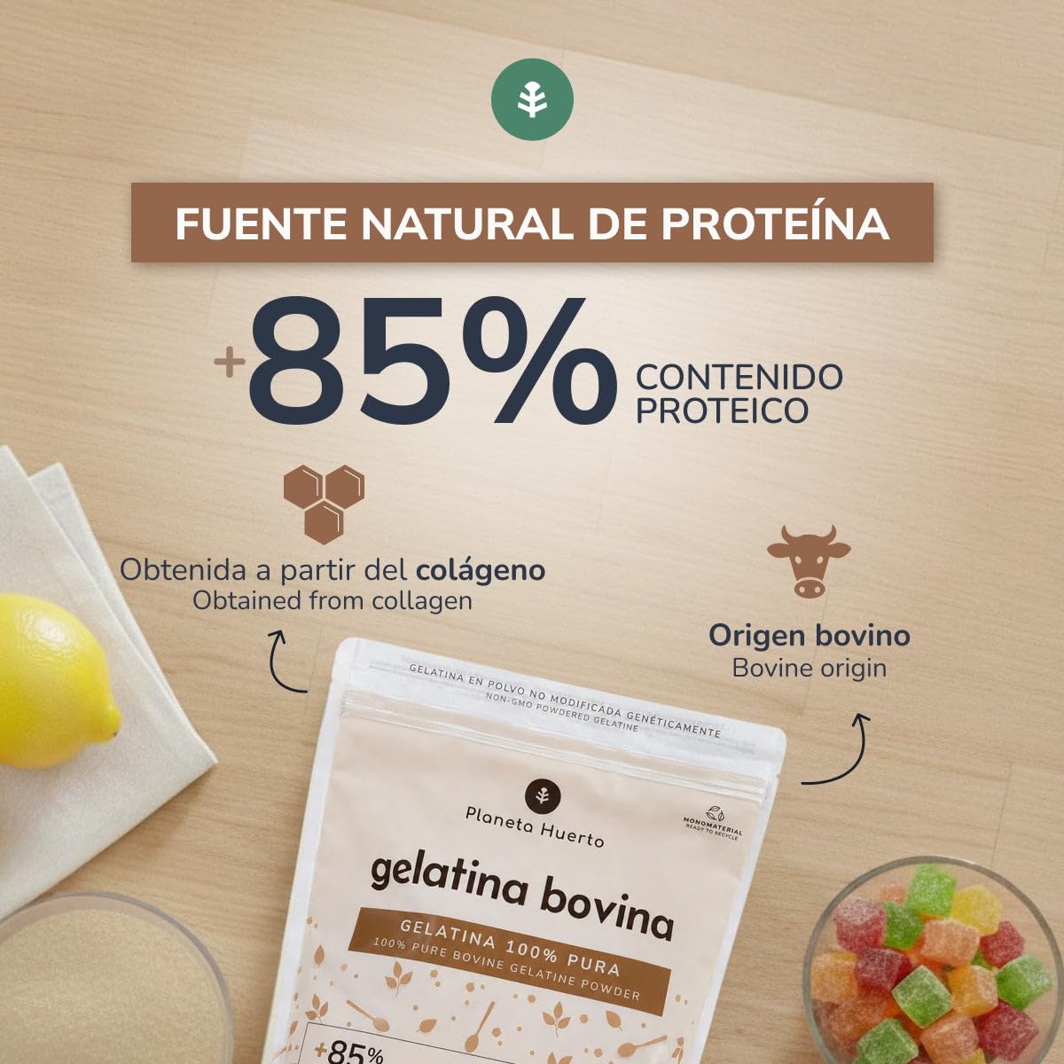 Gelatina bovina neutra in polvere, fonte di collagene, pianeta orto, 1 kg
