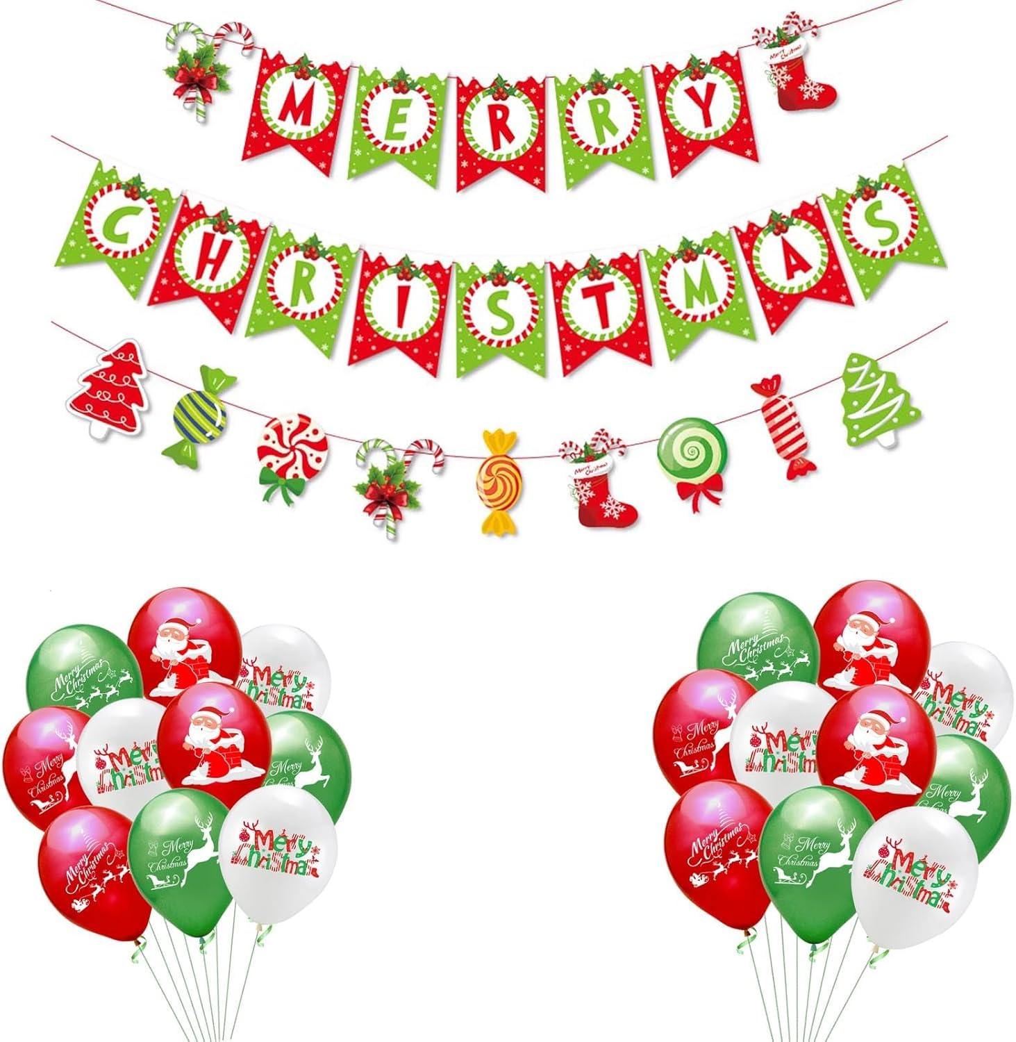 BIGTHREE Christmas Party Decorations, Christmas Balloons Socks Sweet Candy Supplies for Xmas Holiday Party, with 20 Balloons, 3 Pcs Merry Christmas Banner for Indoor Decoration