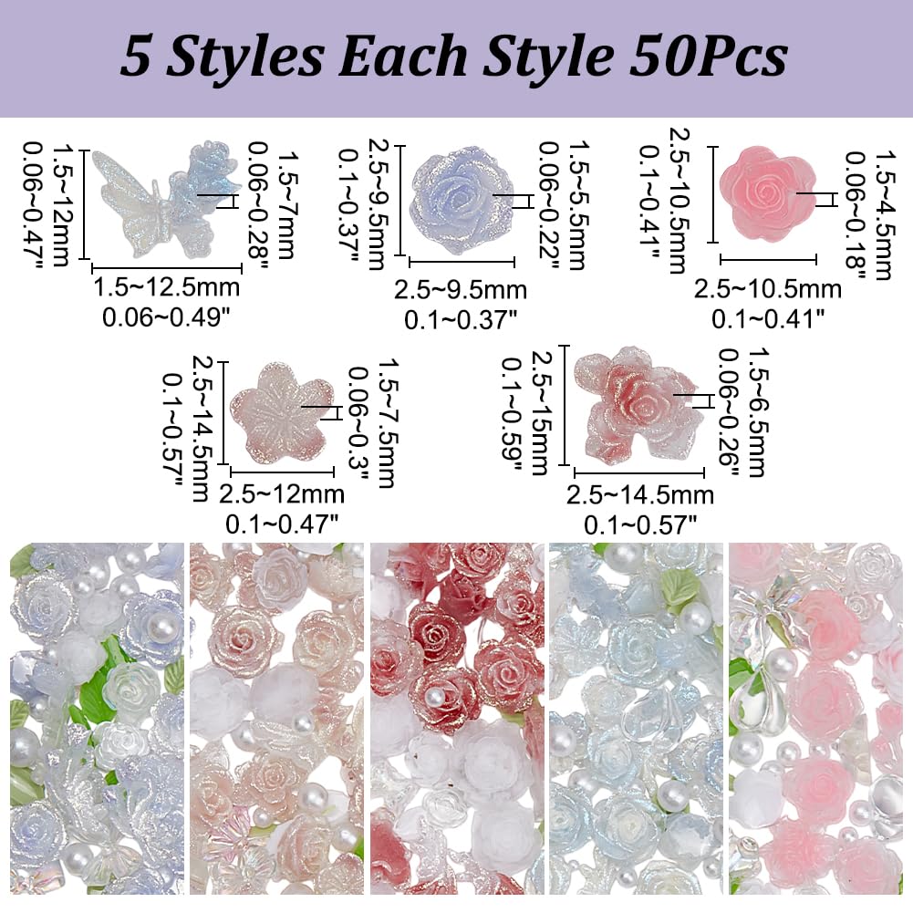 arricraft 250 pcs Décoration de Cabochons pour Ongles en Forme de Rose 5 Styles Fleur Résine Cabochons Remplisseurs Dos Plat Nail Art Décoration pour Femmes DIY Téléphone Mariage Décor Nail Art