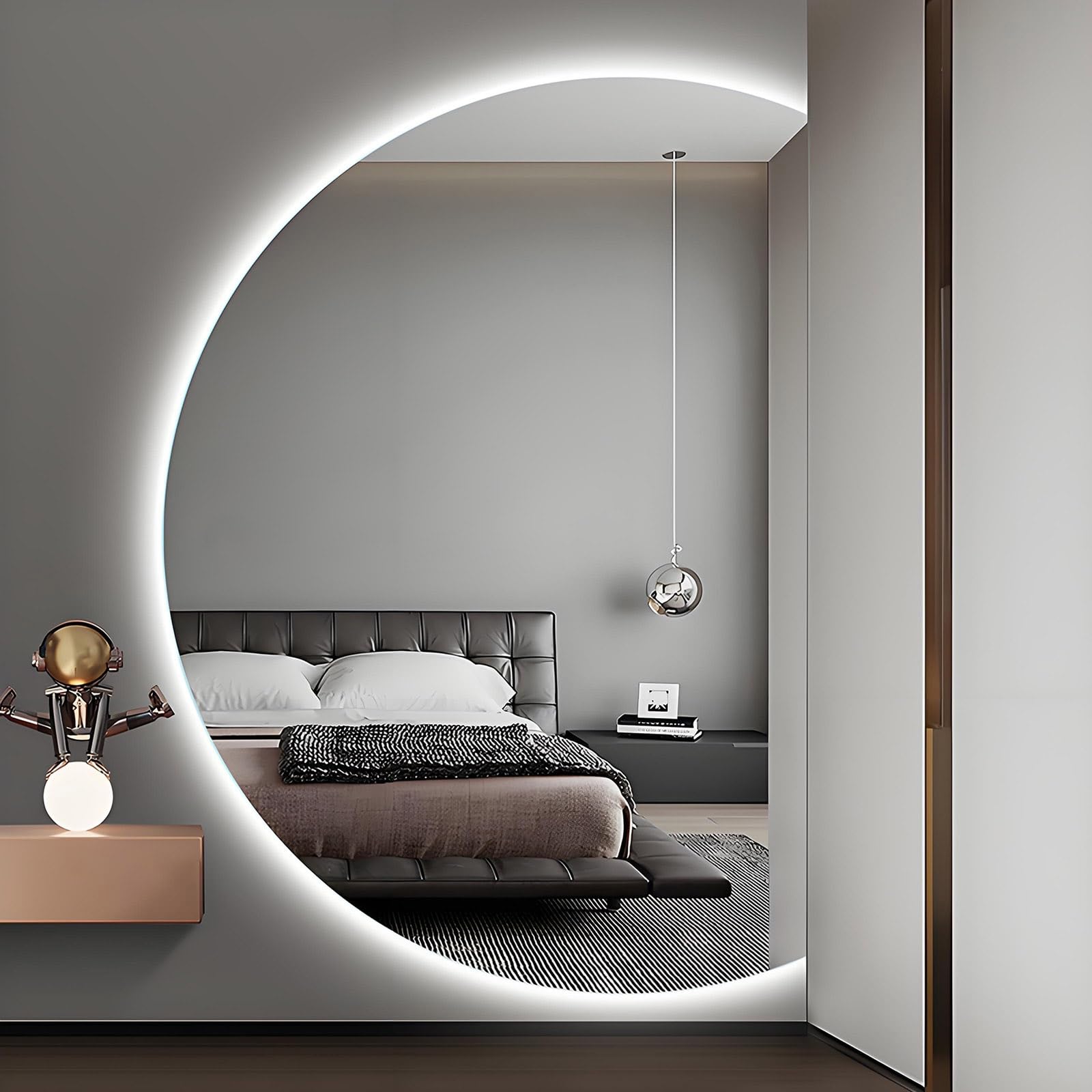 SXFSDOU Semicircle LED Vanity Mirror with 3-color Light, Smart HD Frameless Bathroom Mirror, Anti-fog Explosion-proof, for Living Room Bedroom(Right Cut,120x80cm/47x32in)