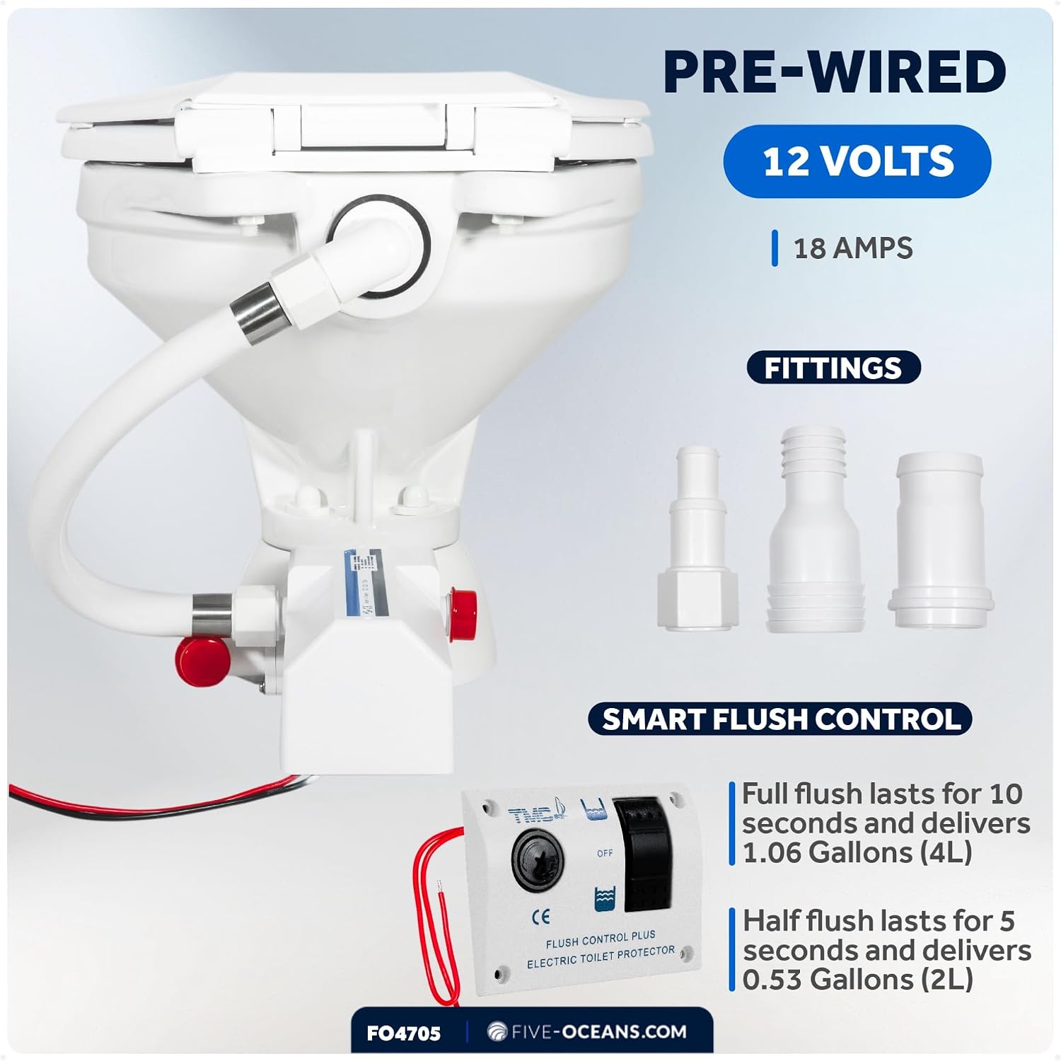 TMC Electric Marine Toilet, RV Toilet with Threaded-On Hose Connection, Boat Toilet, Compact Design Bowl, Heavy-Duty Macerator Pump, Smart Flush Control, Quiet Soft-Close Lid, 12V DC - FO4705