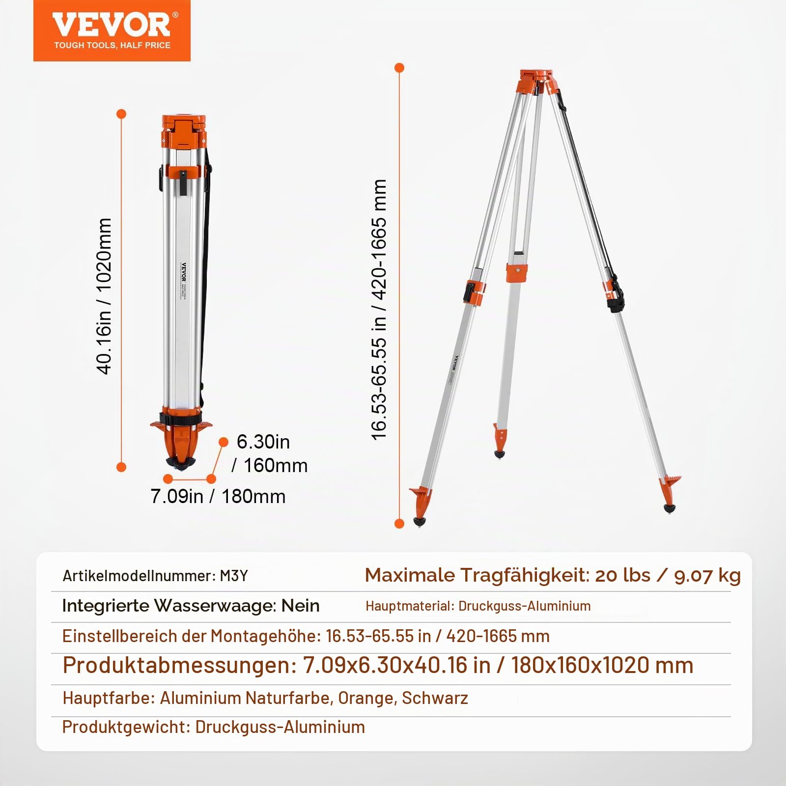 VEVOR Professional Baustativ, 5/8"-11-Gewindehalterung, höhenverstellbar 420-1665 mm, robustes Vermessungs-Stativ für Laser & Nivelliergeräte, einziehbare Beine, rutschfeste Füße