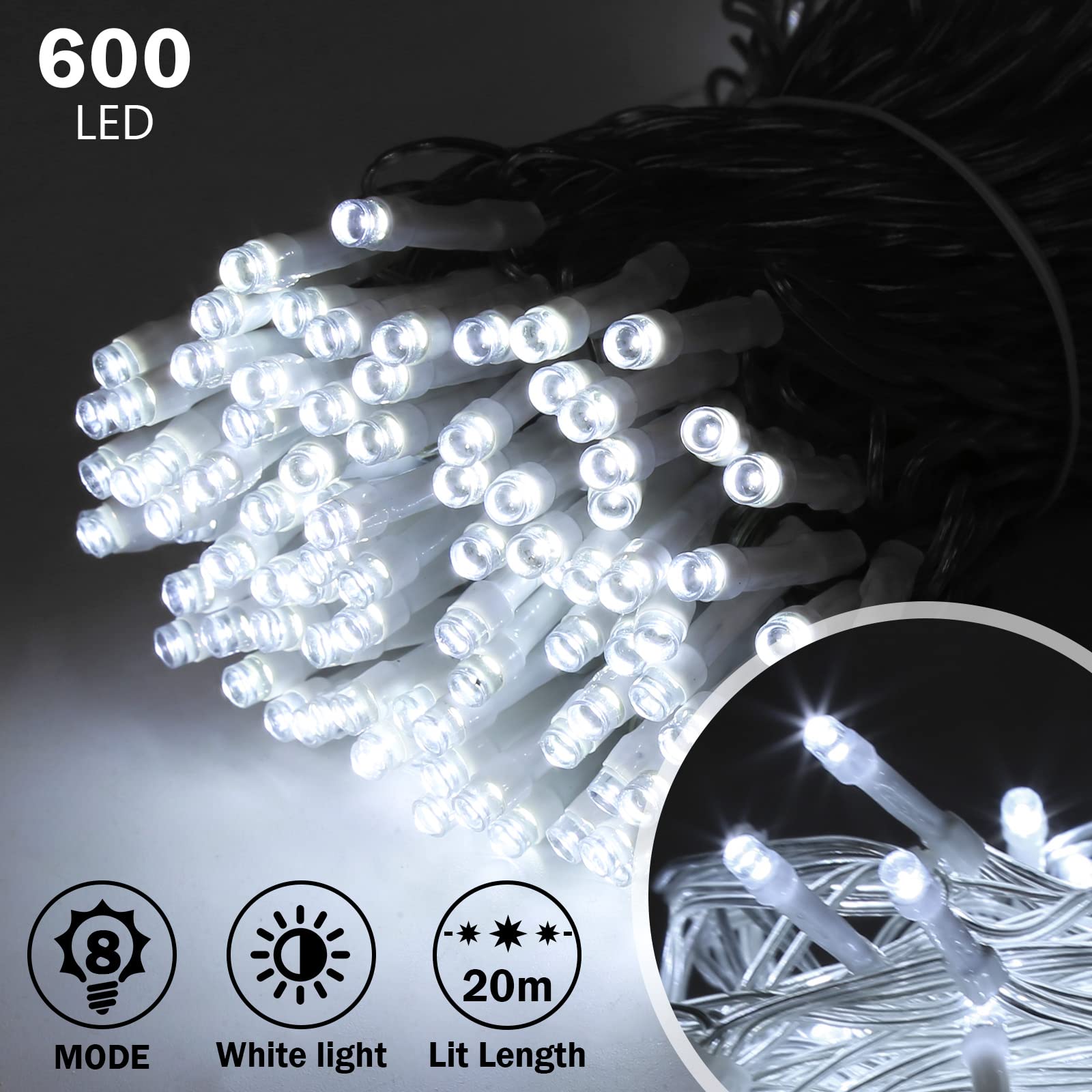 Ikodm Łańcuch świetlny na zewnątrz, 600 diod LED, kurtyna świetlna, 15 m, IP44, 8 trybów pracy, do sypialni, na wesele, Boże Narodzenie, imprezę, zimna biel