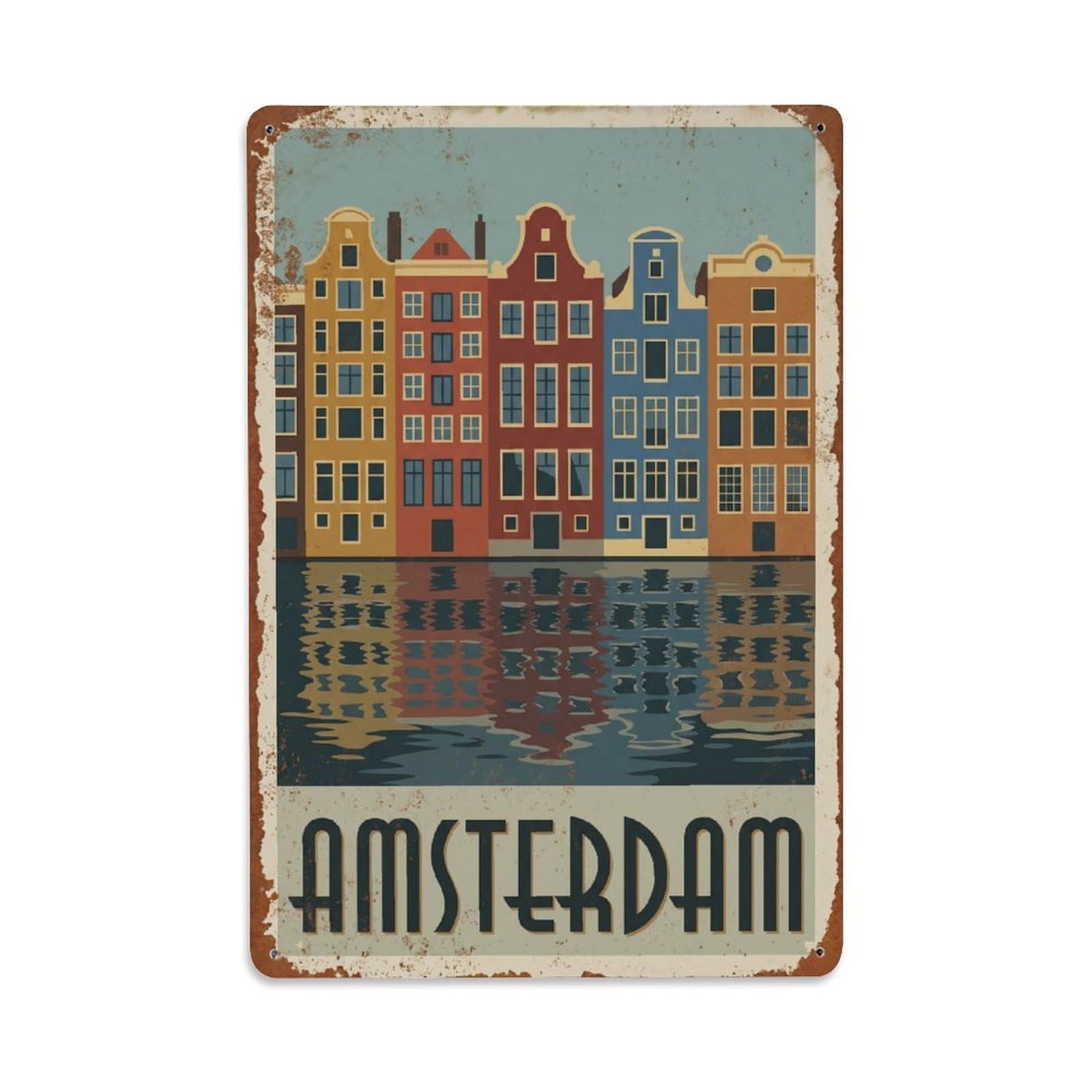 Okngb Style Amsterdam Canal Harbor Waterway Retro Tourism Quay Metal Tin Sign Plaque Wall Decor For Cafe, Man Cave, Club Bar, Office, Home Garden Round Metal Poster 8X12inch
