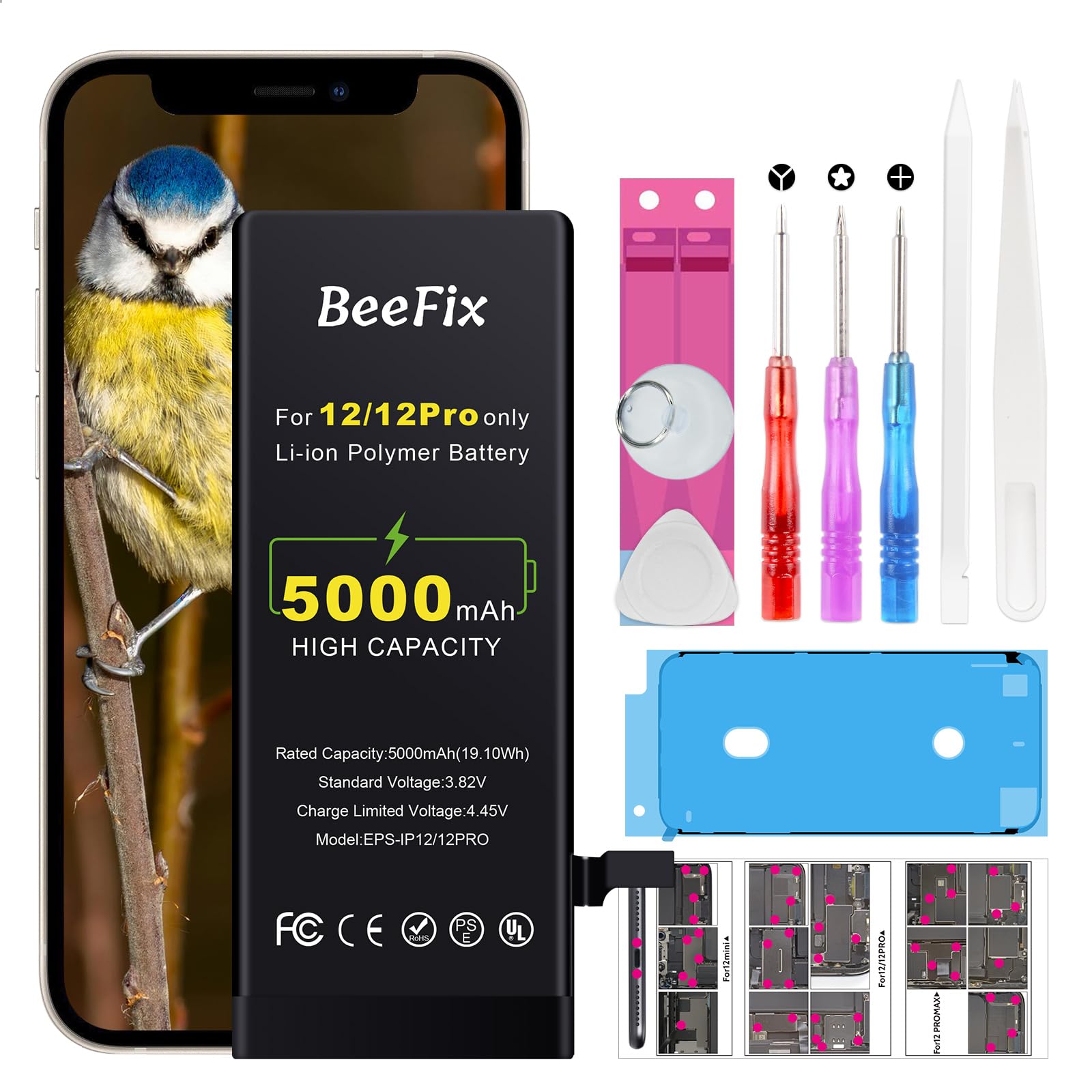 Akku für iPhone 12/12 Pro, 5000 mAh hohe Kapazität mit Reparaturwerkzeugen | hohe Kapazität, intelligenter Chip für längere Laufzeit, Sicherheit, Profi-Werkzeugset inkl.