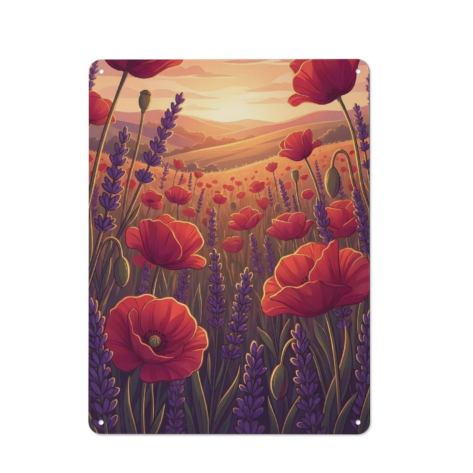 Retro Poppy And Lavender Field at Sunset Vintage Metal Sign 40x30cm, Room Wall Plaque for Flat, Dorm Room, Lounge Or Cafe