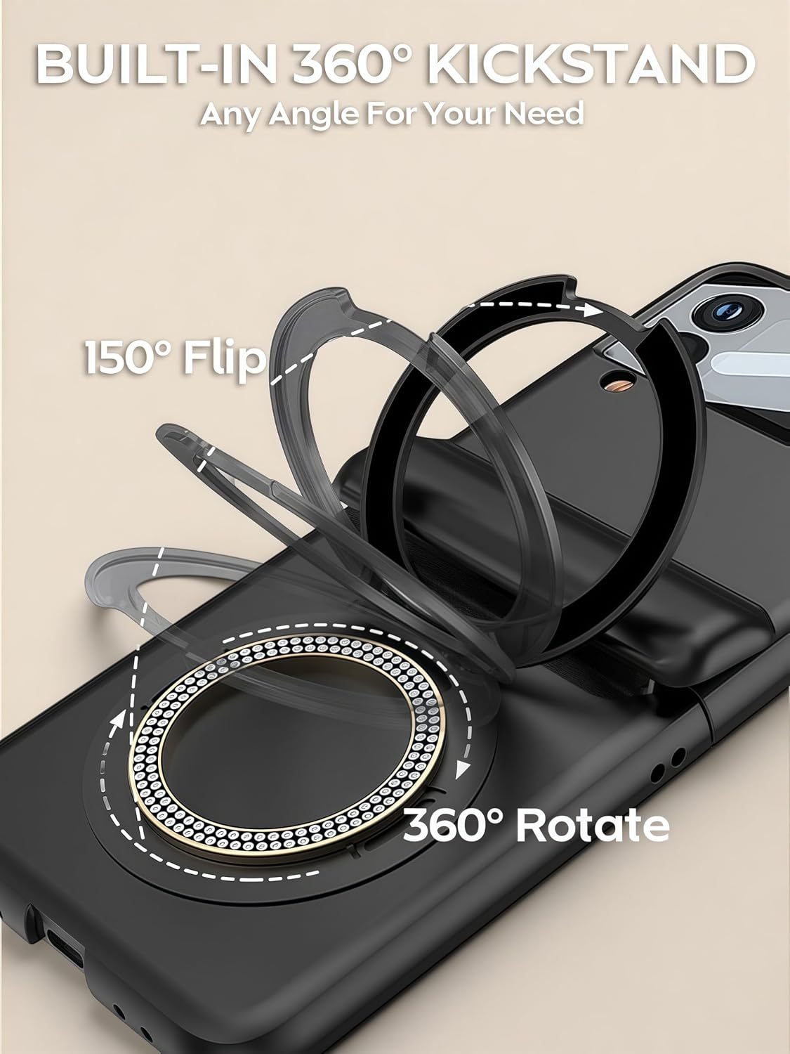 Fit for Samsung Galaxy Z Flip 5 Magnetic Case-TPU Material-Hinge Protection-Ultra Slim Thin-Built-in Screen Protector-360° Rotatable Ring Kickstand-Lens Protect.Black