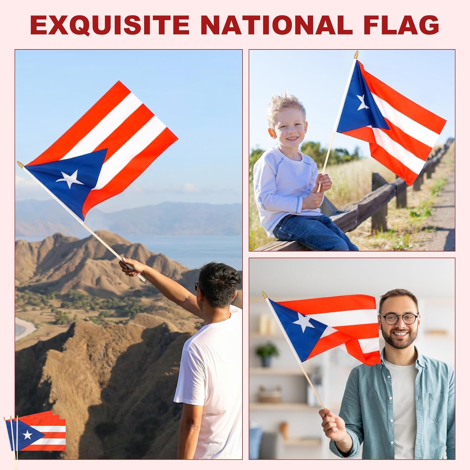 12 Pack Puerto Rico Stick Flags Small 12x18 Inch Puerto Rican Hand Held Flags with 24 Inch Wooden Pole Decorations