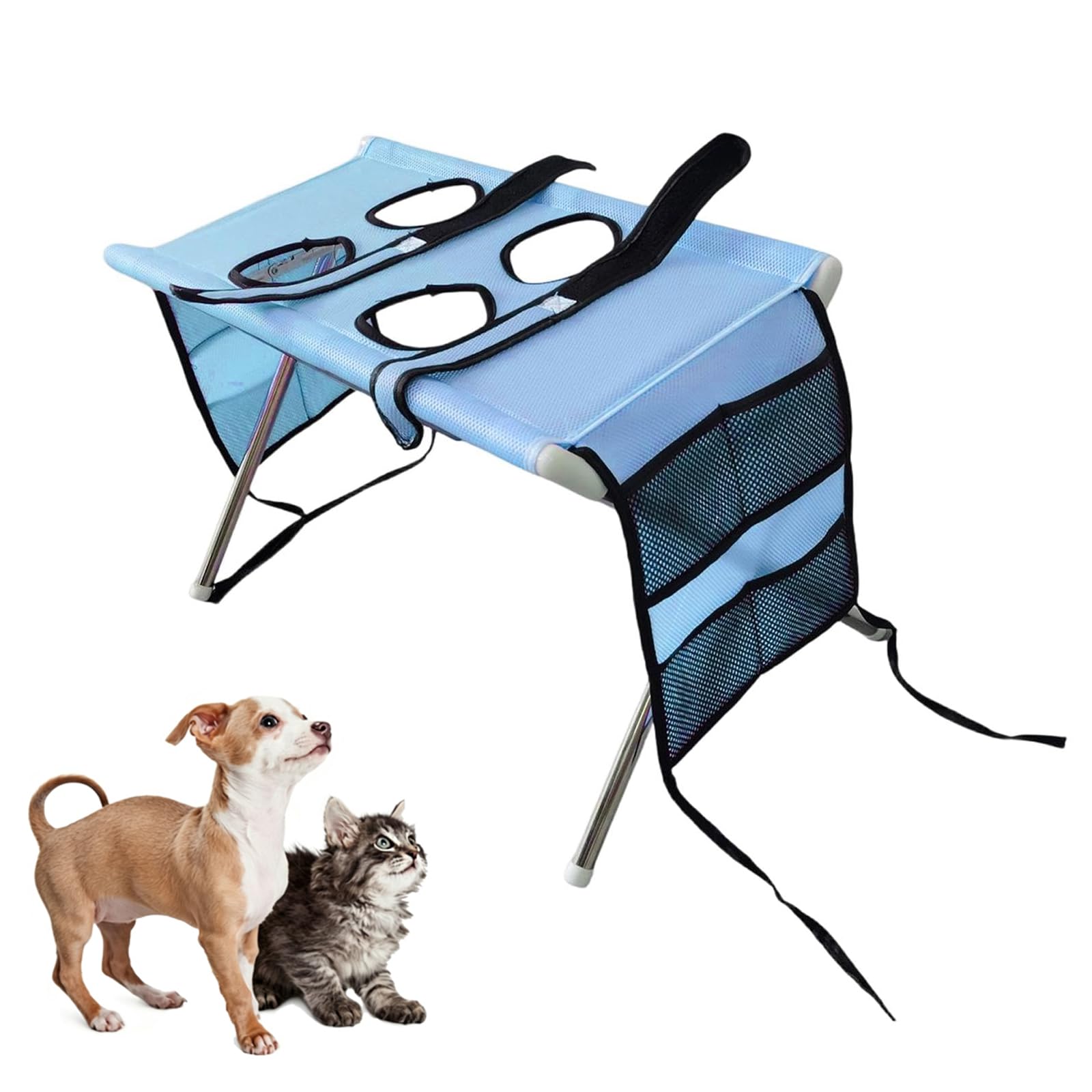 Foldable Pet Grooming Hammock Washing Station with Safety Strap, 4/8-Hole for Small Cats & Dogs, for Bathing Nail Trimming Ear Cleaning, Holds Pets up to 40 Lbs (Blue2)