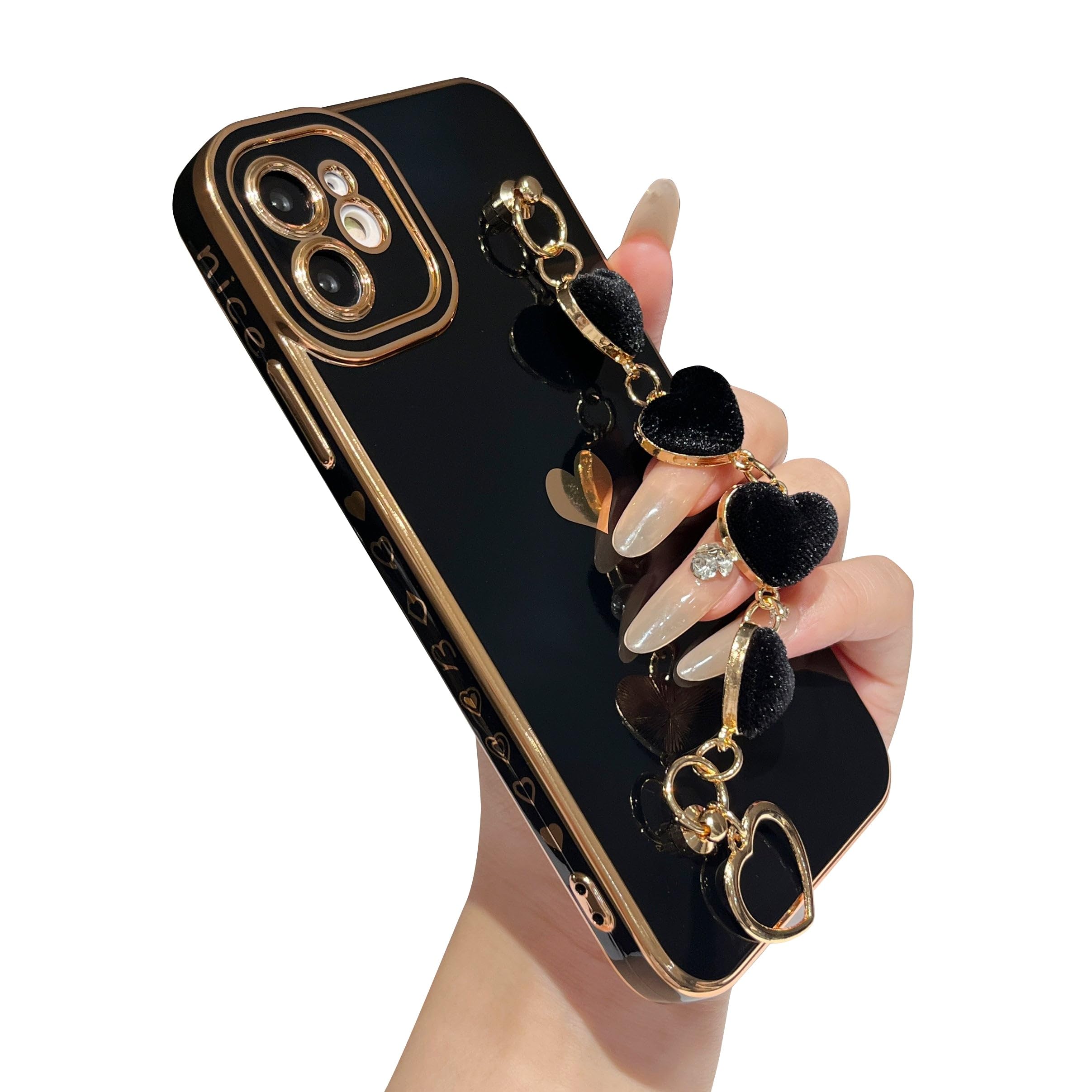 Caseative for iPhone 11 Case,Cute Plating Love Heart Wrist Strap Chain Bracelet Phone Case (Black)