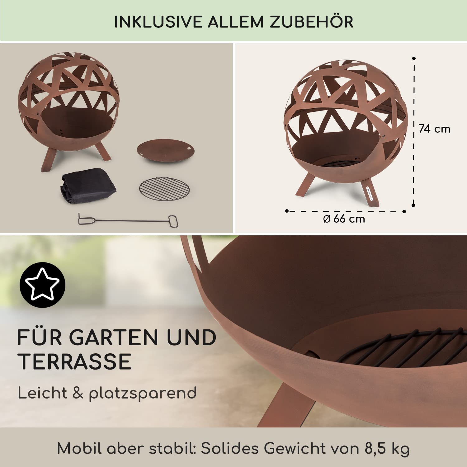 Blumfeldt Feuerschale, Robuste Outdoor Stahl-Feuerschale Groß für Balkon & Camping, Mobile 68 cm, Feuerschalen mit Standfuß, Wetterfeste für den Garten, Runde Feuerstelle