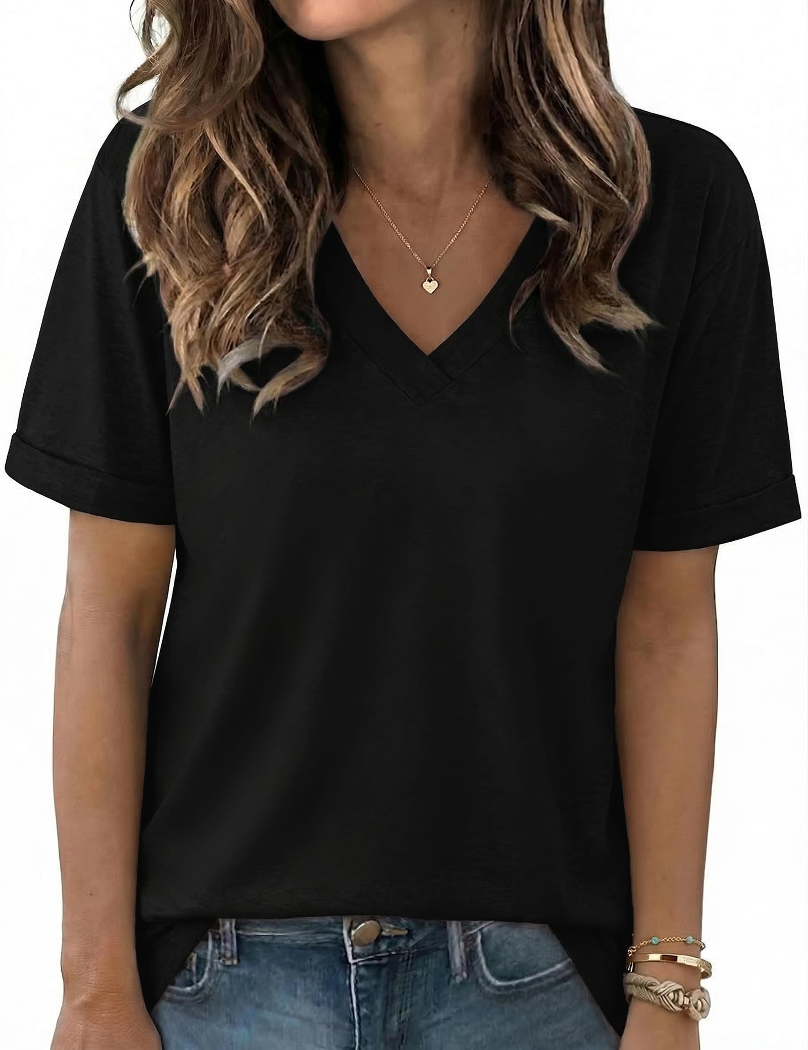 Aottori T-Shirt Damen V-Ausschnitt Kurzarm Locker Sommer Basic | Einfarbige Oberfläche; V-Ausschnitt mit kurzen Ärmeln als klares Designdetail; lockere Passform; für Sommer und warme Tage