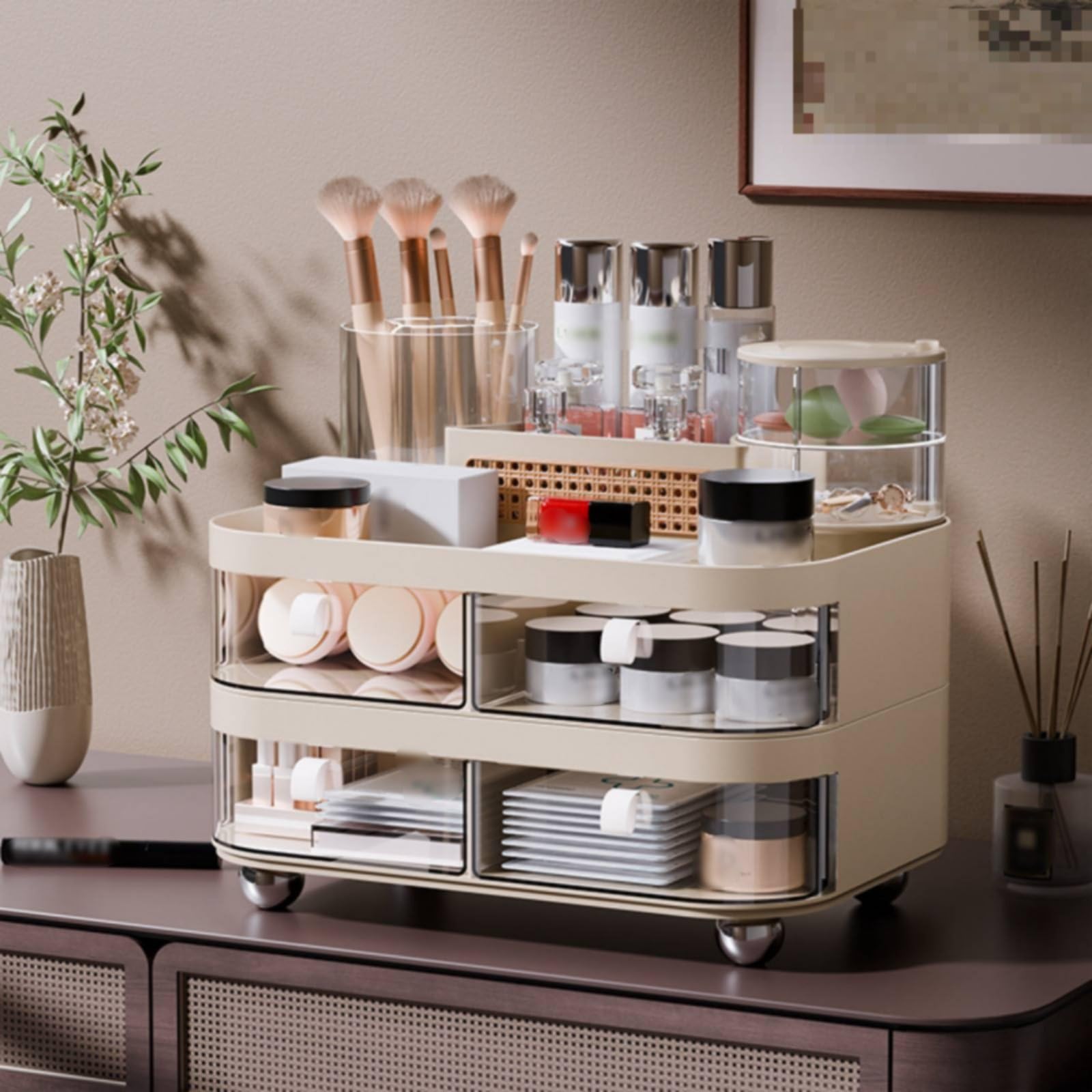 Kosmetik Organizer Schminkaufbewahrung Make Up Halter Aufbewahrungsbox mit Palettenfach Schubladen Drehfunktion PET für Ankleidebereich Bad Büro Zuhause