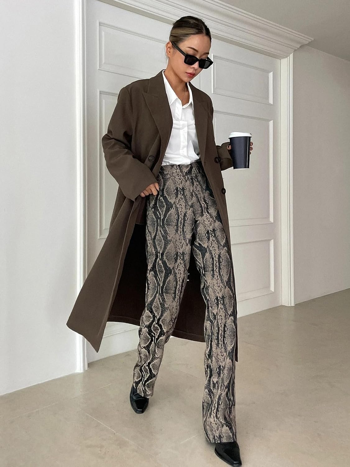 Women's Trench Coat Double Breasted Lapel Elegant Midi Coat Long Sleeve Classic Overcoat