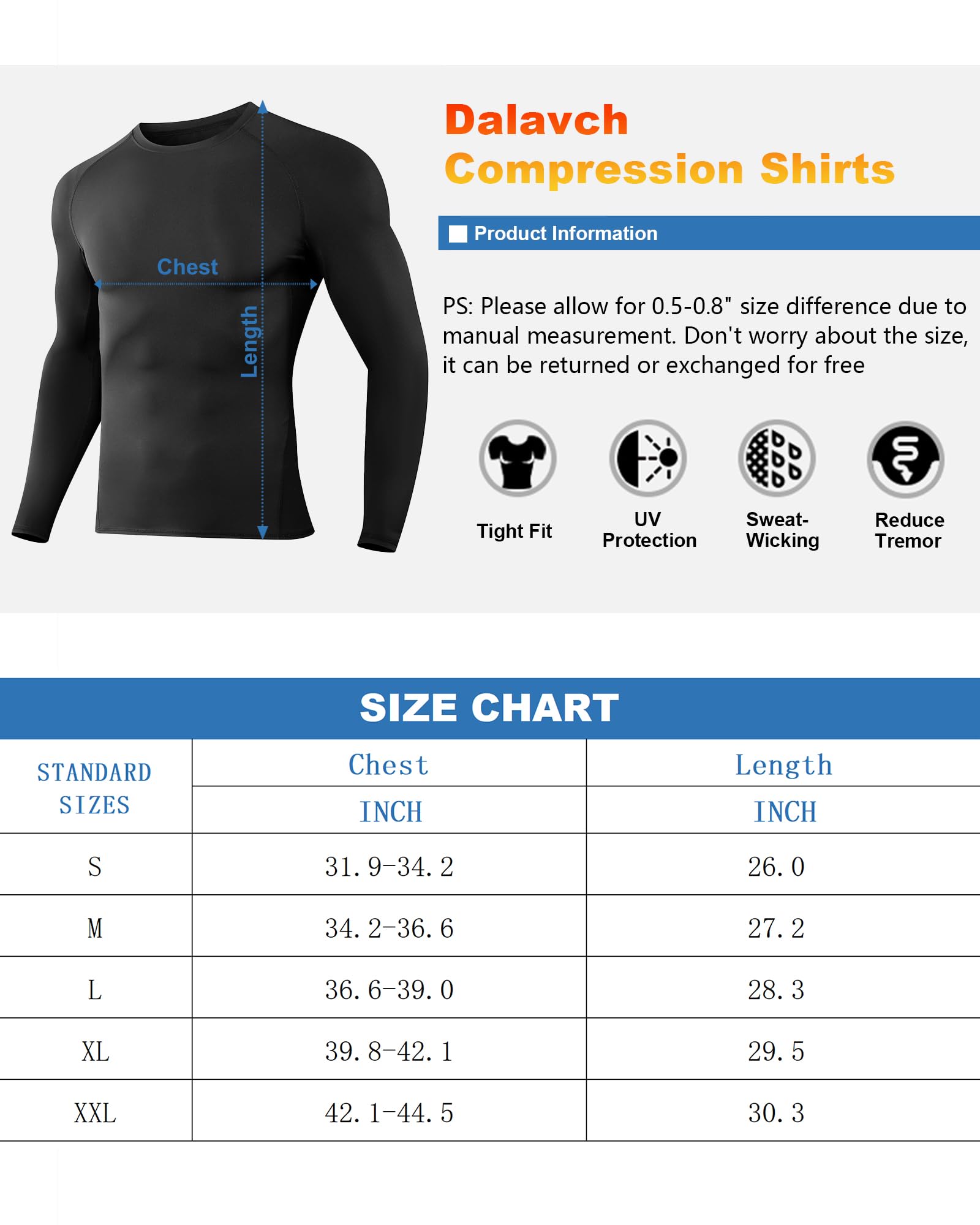 Dalavch Confezione da 5 magliette a compressione da uomo, a maniche lunghe, per atletica, allenamento, sport, primo strato, per l'inverno