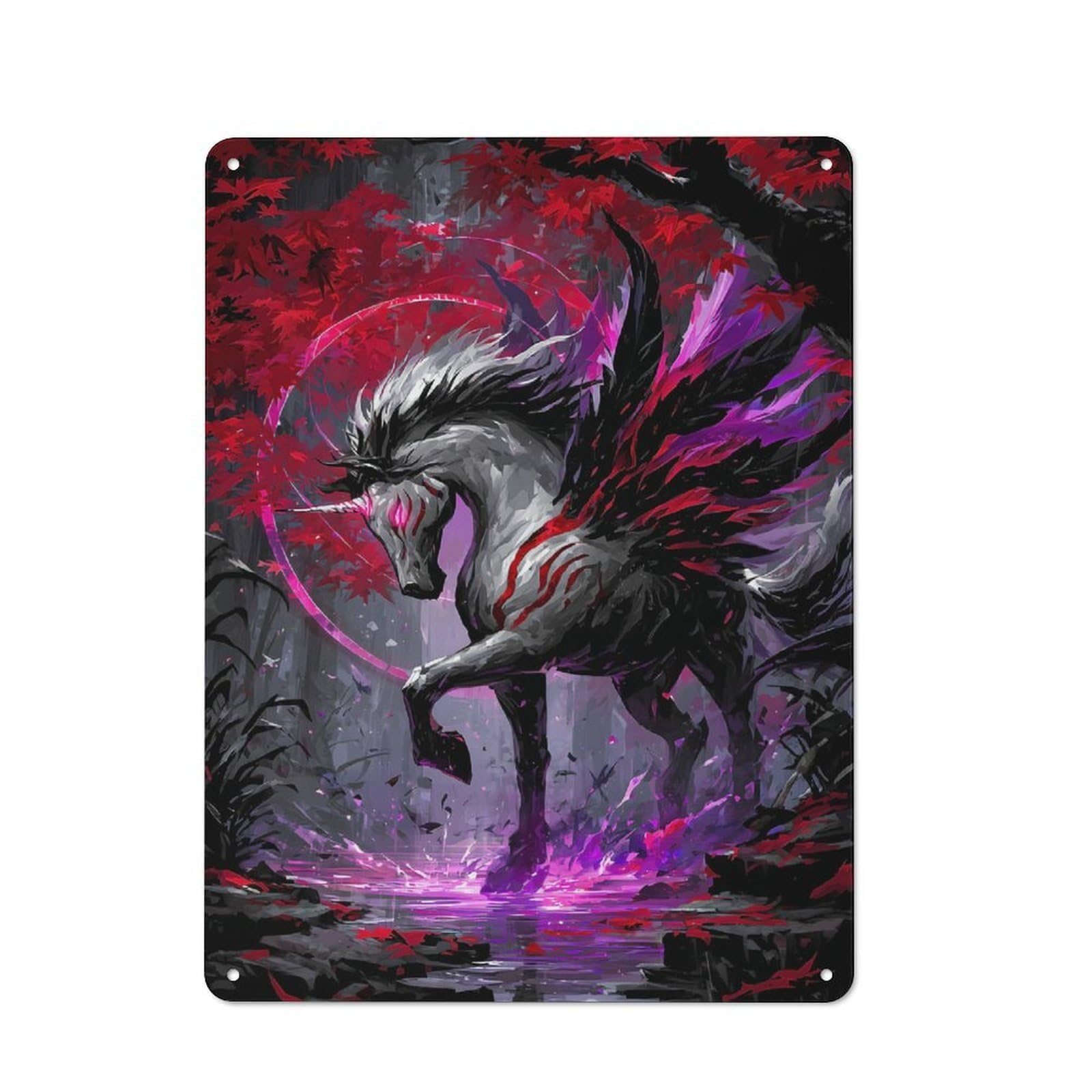 Junmoney Dark Winged Unicorn In Forest Retro Metal Plaque 40X30cm For Garage Or Workshop, Housewarming Wall Decor For People Furnishing Garage And Workshop