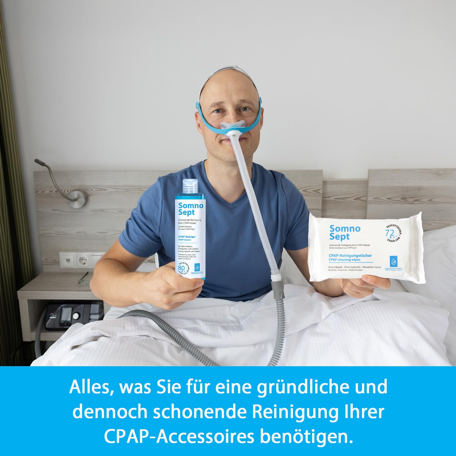 CPAP-Reinigungsset (SomnoSept 400ml, SomnoSept Reinigungstücher 72 Stück, oxyhero brush 15 mm) – Hochwertiges Rundum-sorglos-Reinigungspaket