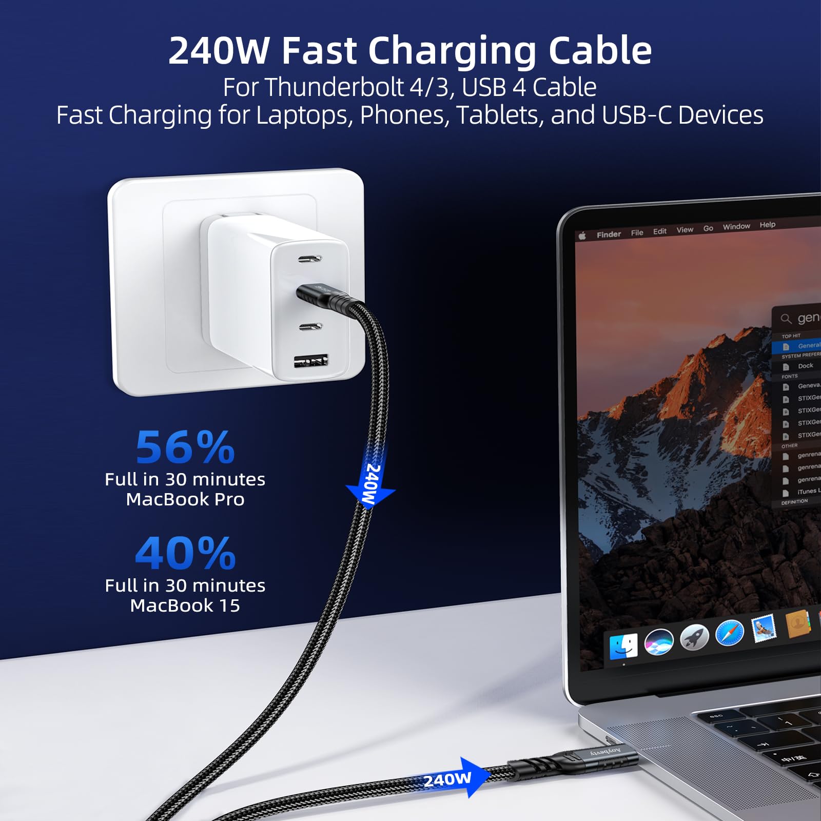 USB-C-Kabel, 240 W, 40 Gbit/s, Datenübertragung, 8K/4K @ 60Hz, Video-Ausgangskabel für Thunderbolt 3/4, für MacBook, iPhone 15/16/17, Samsung Galaxy, USB-C-Handy, Tablet, Laptop und andere
