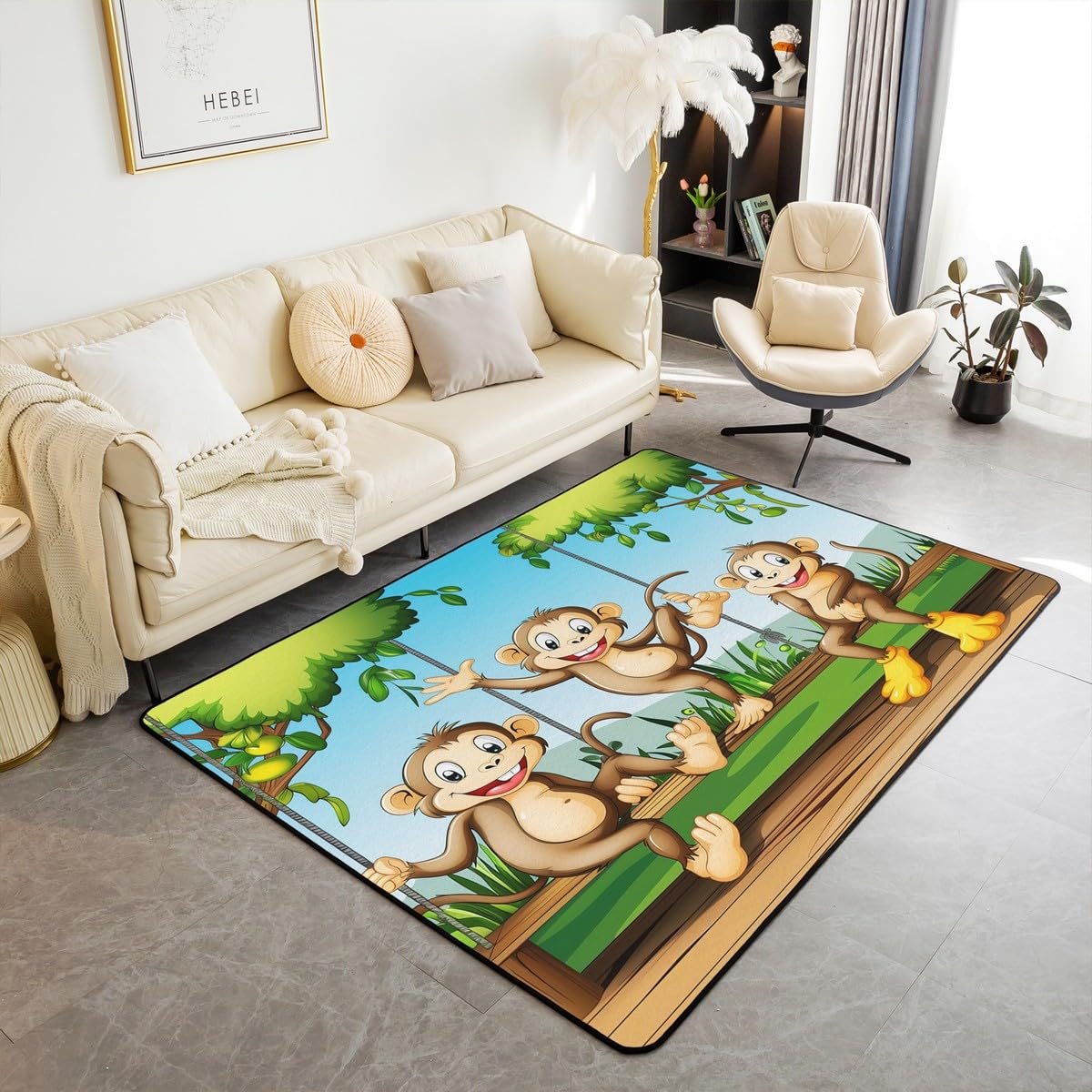jejeloiu Monkey Area Rug 5"x7" Cartoon Animal Pattern Rugs for Living Room Bedroom Cute Monkey Print Botanical Branches Green Brown Decorative Rug