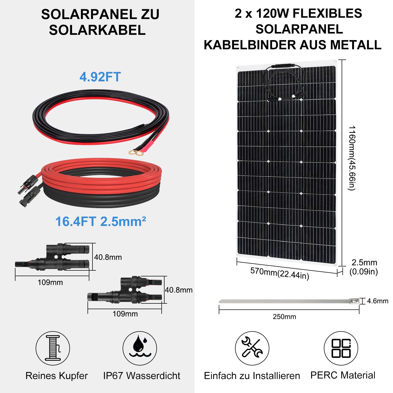 【120W 12V Flexibel Solar Panel Kit】DERUXI 120 W Solarpanel 12V Set: 120W Flexibles Solarpanel+30A Laderegler+4 Pcs Solarkabel+Kabelbinder aus Metall, PV Solarmodule für Balkongeländer RV Boote Camping