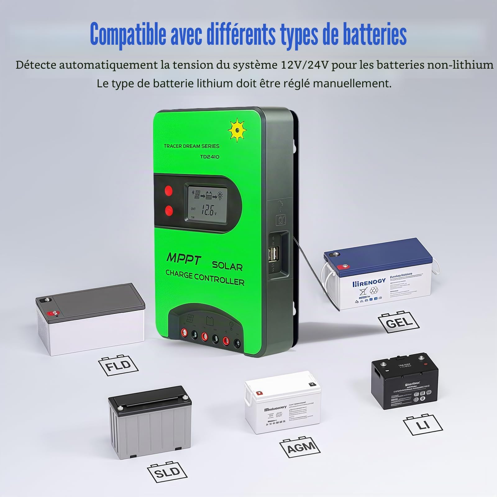 Régulateur de charge solaire MPPT 12 V/24 V (WiFi) avec écran LCD, prend en charge le contrôle APP, régulateur de charge MPPT pour batteries AGM/gel-plomb-acide, Li-Ion/LFP (40 A)