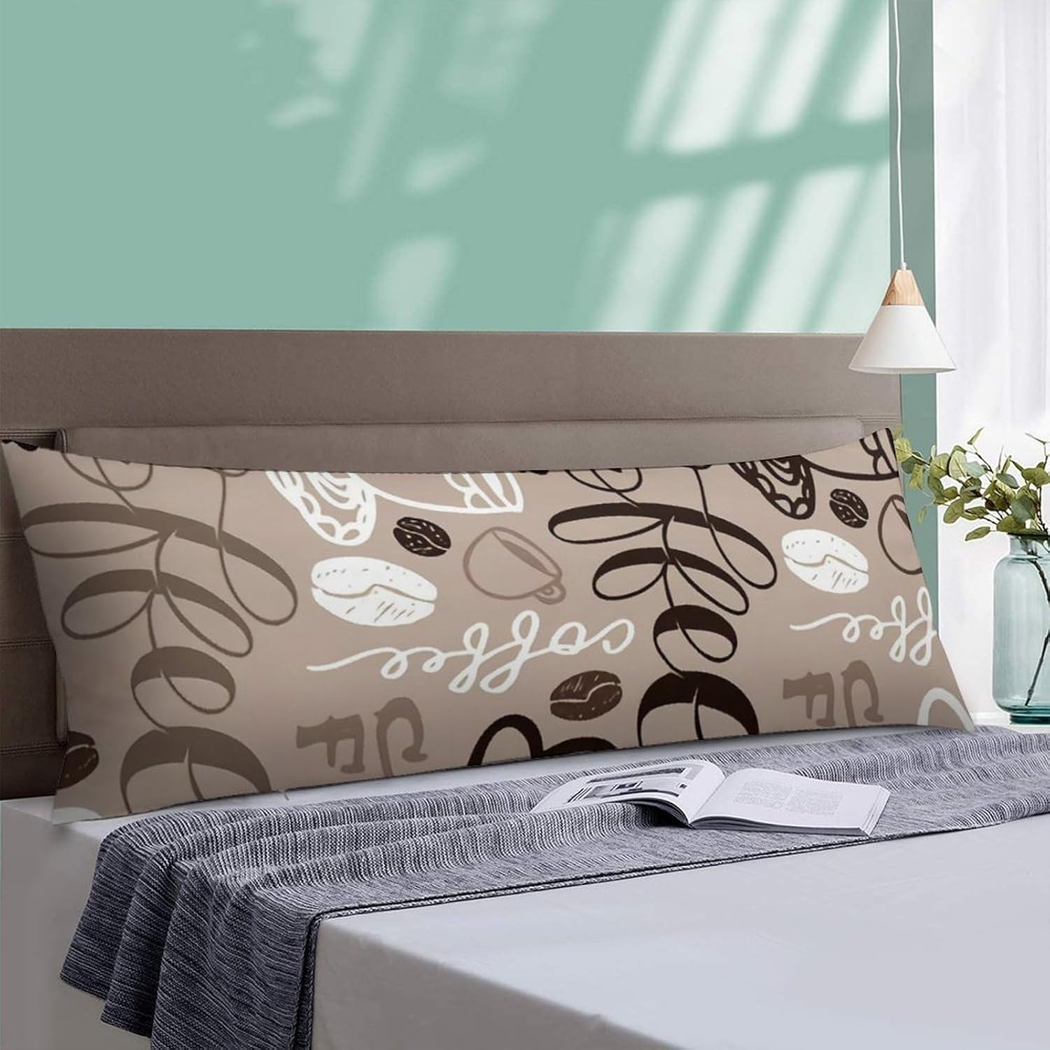 Brown Coffee Maker Beans Theme Comfortable Polyester Pillow Cover with Long Vertical Stripes and Double-Sided Printing 20"x54"