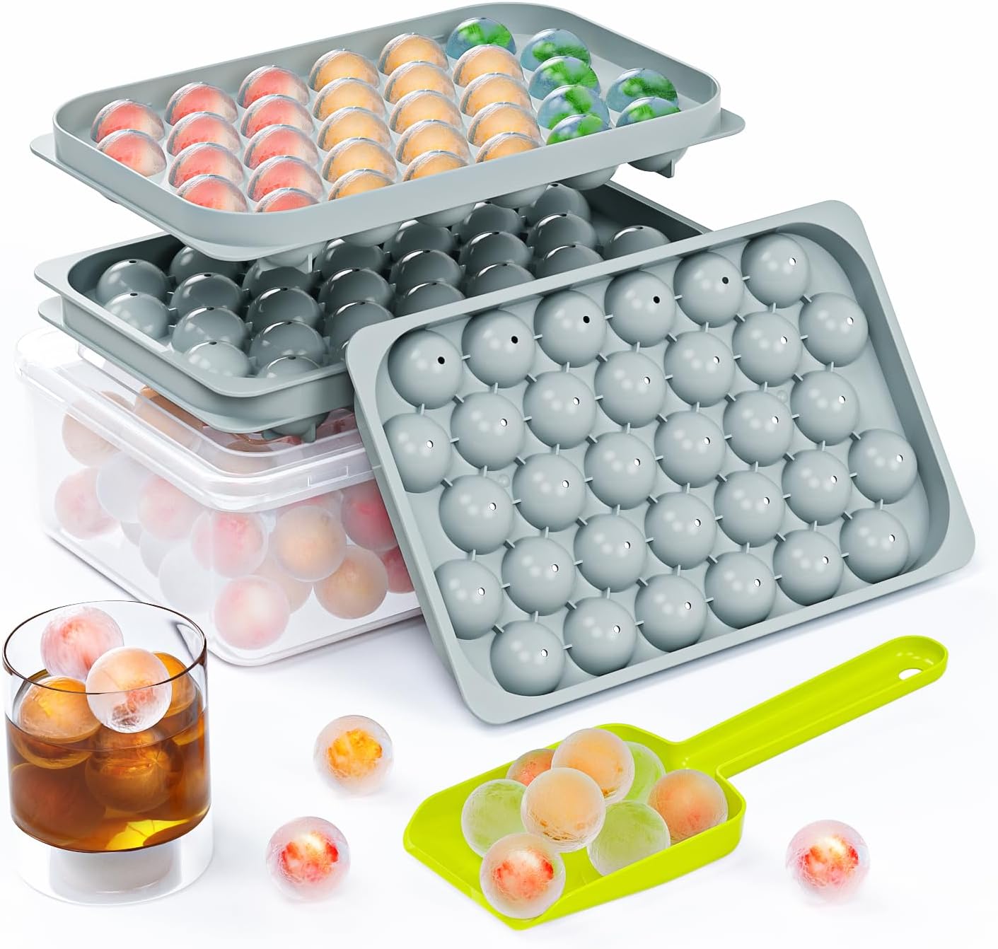 Bac à glaçons en plastique avec couvercle et bac à glaçons - Libération rapide et facile de toutes les petites boules de glace - 2 x 32 glaçons ronds de 2 cm pour thé et café - 2 bacs à glaçons en