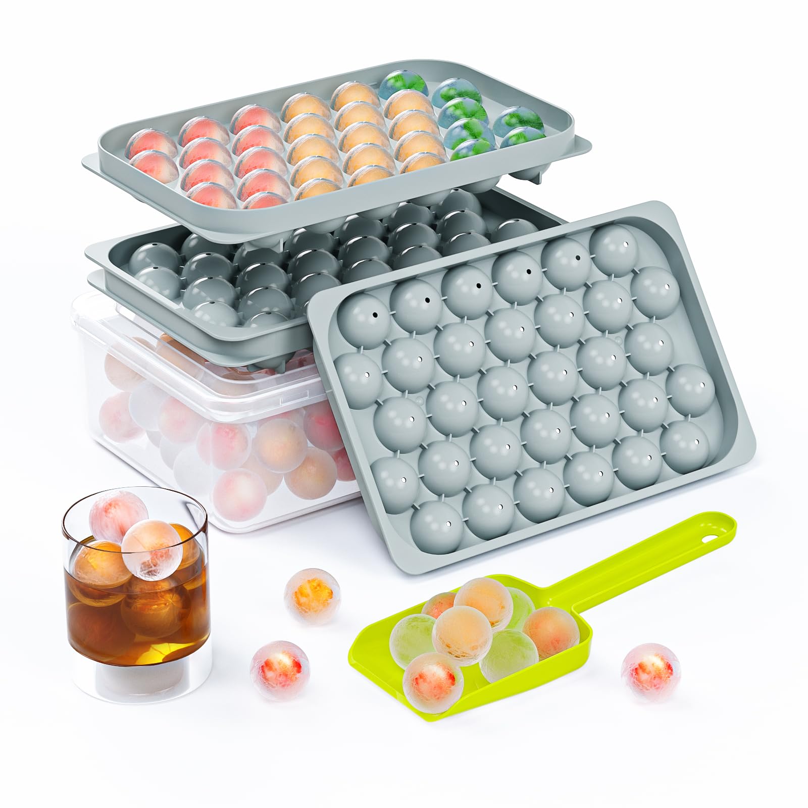 Bac à glaçons en plastique avec couvercle et bac à glaçons - Libération rapide et facile de toutes les petites boules de glace - 2 x 32 glaçons ronds de 2 cm pour thé et café - 2 bacs à glaçons en