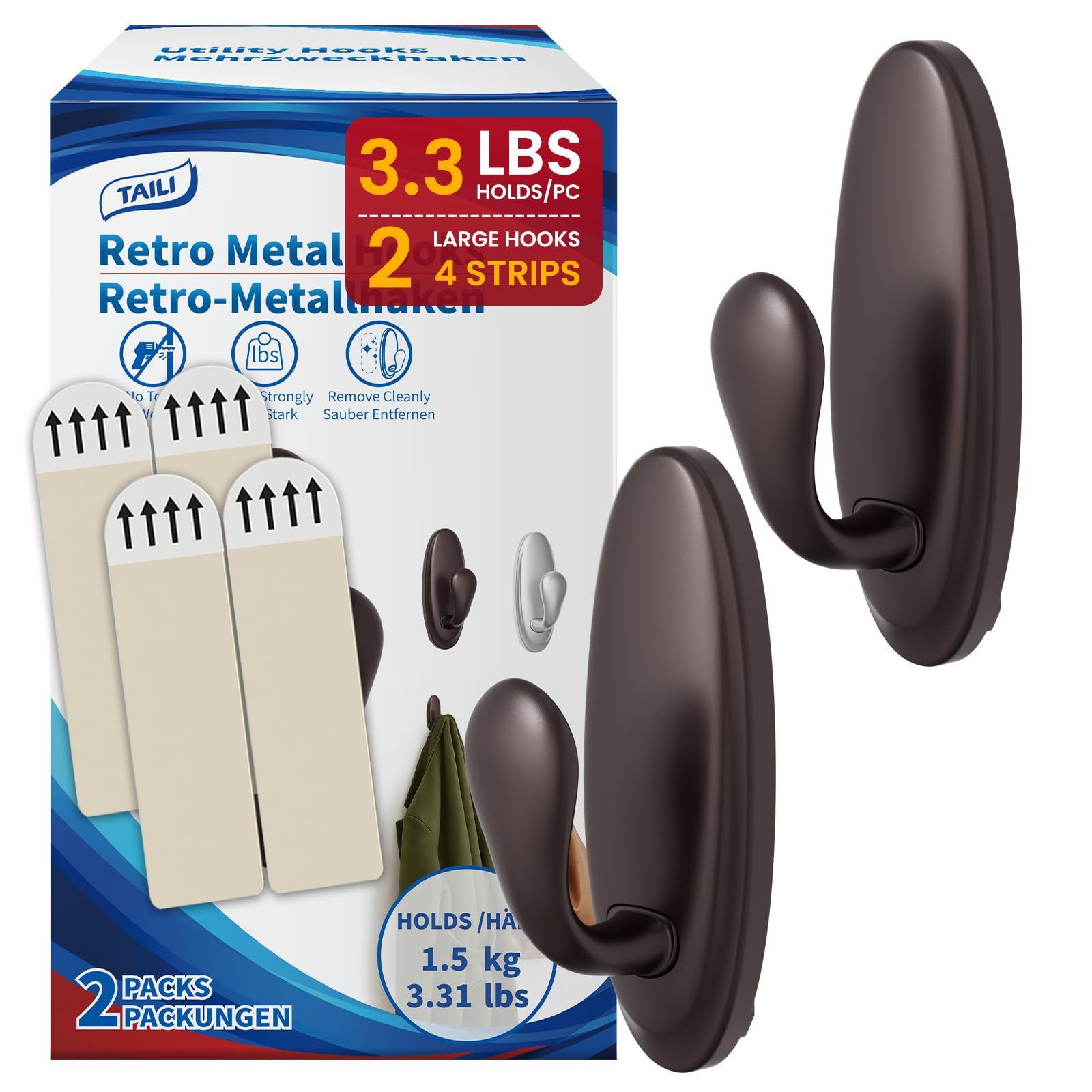 TAILI Metal Adhesive Hooks for Wall No Damage, 2 Pack Heavy Duty Brown