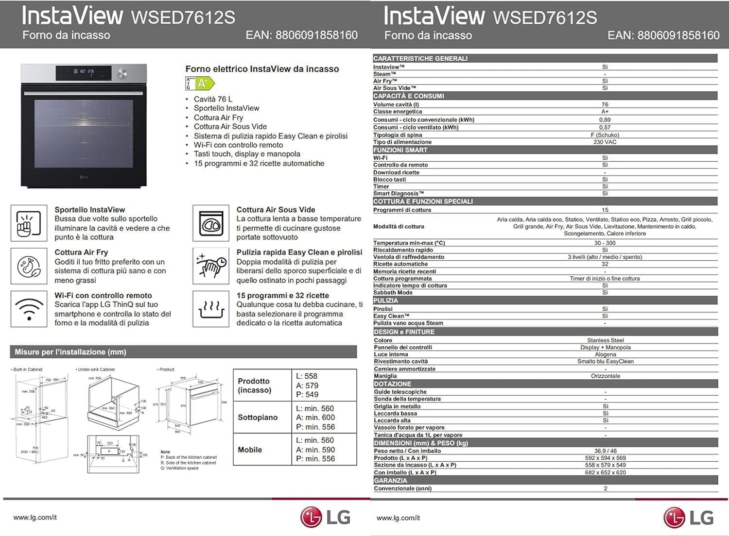 LG InstaView WSED7612S Forno da Incasso Multifunzione, Classe A+, 76L, 300°C Air Fry, Sous Vide, Modalità Pizza, Sistema ProBake Convection, EasyClean, Pirolisi, WiFi, Isolamento 4 Vetri, Nero
