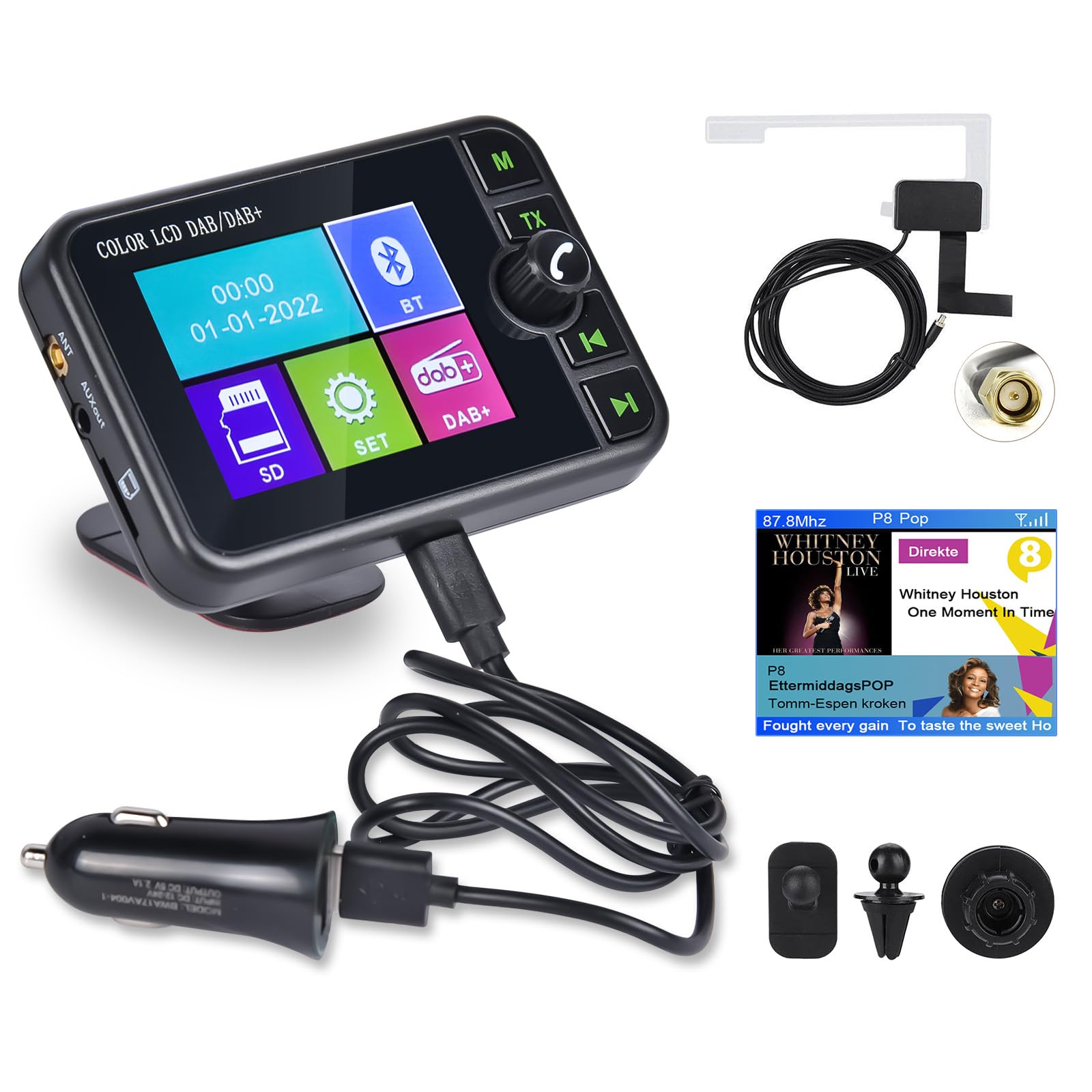 Inefala Dab Dab+ Adaptateur pour Autoradio Écran LCD Coloré de 2,4 Pouces avec Mains Libres Bluetooth, Transmetteur Dab, Transmetteur FM, AUX in/Out, TF Card Music Play, Chargeur de Voiture