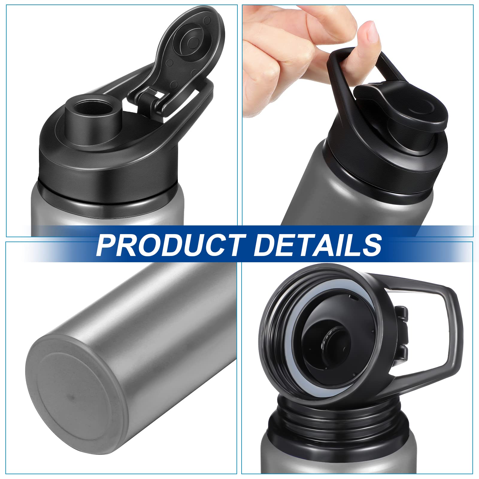Potchen Aluminium-Wasserflaschen, wiederverwendbar, mit Schnappdeckel und Griff, leicht, isoliert, auslaufsicher, für Teamschule, Fitnessstudio, Reisen, Wandern, Outdoor, Grau, 20 Stück