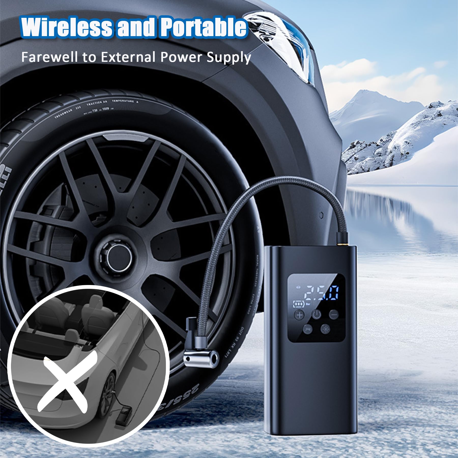 Aischens Compressore Aria Portatile Senza Fili 150PSI(10,3Bar), Gonfiatore Elettrico con Luce LED, Inflazione Rapida, Batteria 6000mAh, Mini Pompa ad Aria per per Auto, Moto, Bicicletta, Palloni