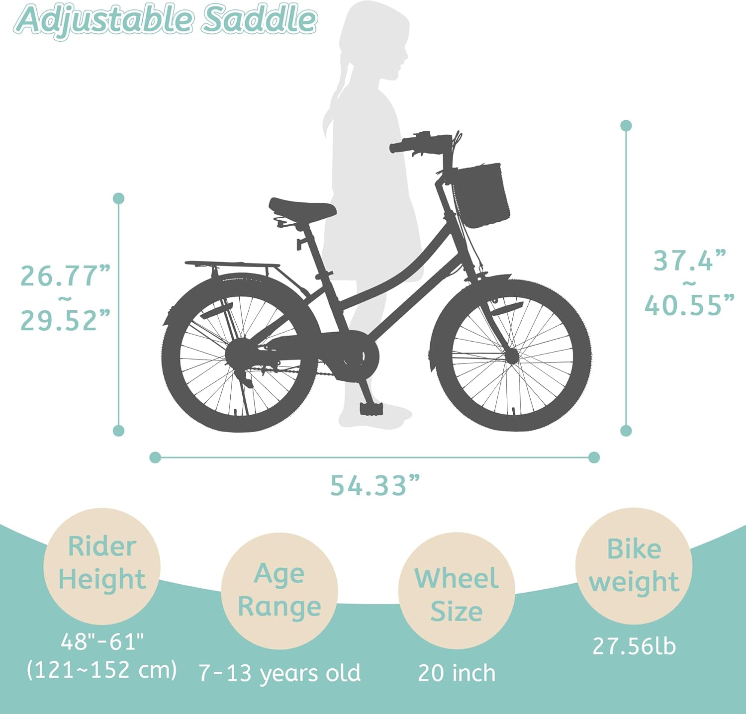 Girls Bike with Basket, 20 Inch Kids Retro Cruiser Bike for Ages 7-13 Princess Girls Children Bikes Single Speed Kids' Bicycles,Front V-Type & Rear Reverse Brake