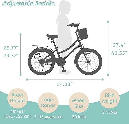 Miniatura 2 de Bicicletas para niñas de 8 a 12 años, bicicleta para niñas de 20 pulgadas con canasta, bicicletas ligeras para niños con freno en V delantero +