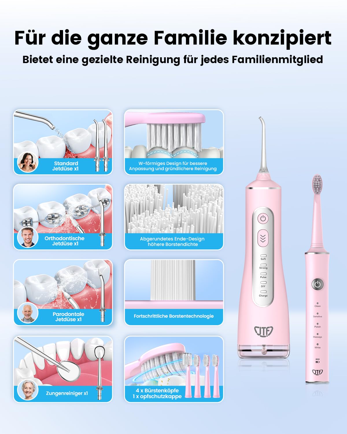 Set di pulizia orale 2 in 1, filo interdentale ad acqua e spazzolini elettrici sonici (rosa)