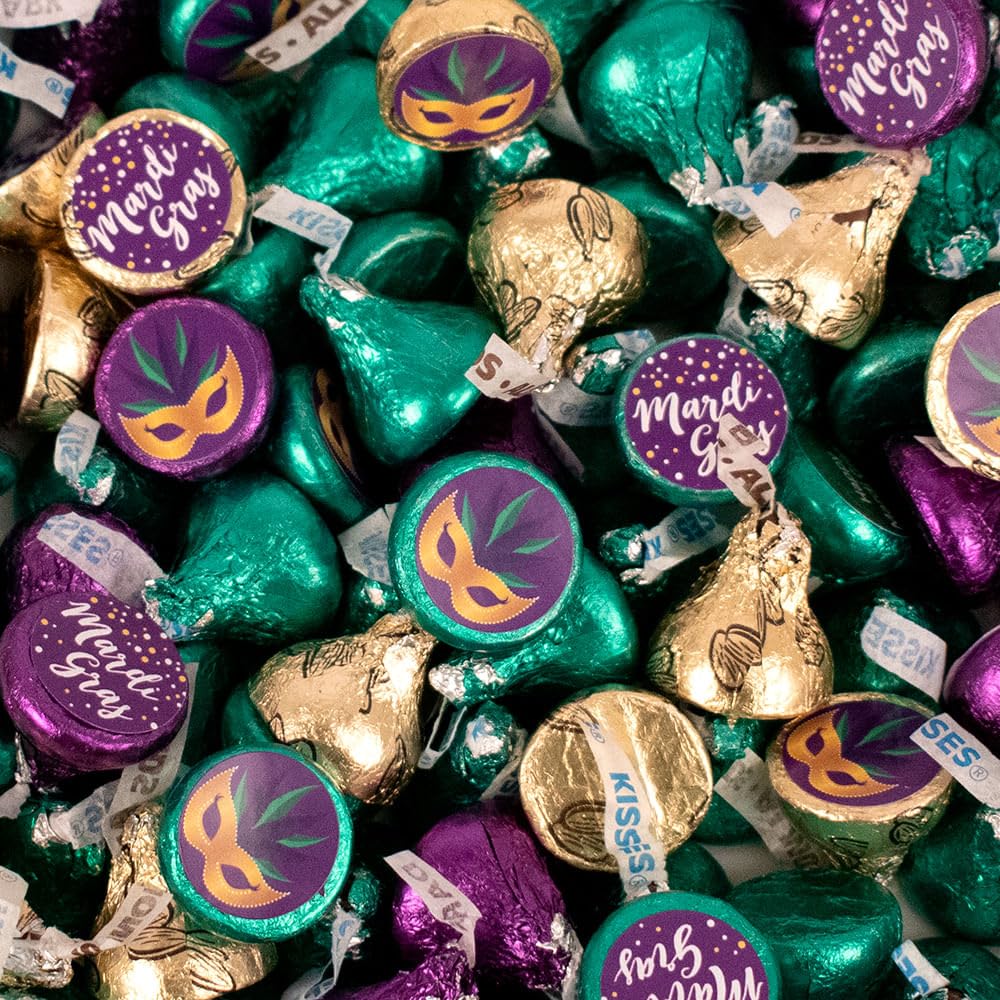 85ct Mardi Gras Stickered Chocolate Kisses in Purple, Green & Gold Foils Festive Wrapped Chocolates for Party Favors, Candy Buffets, Parades & Celebrations