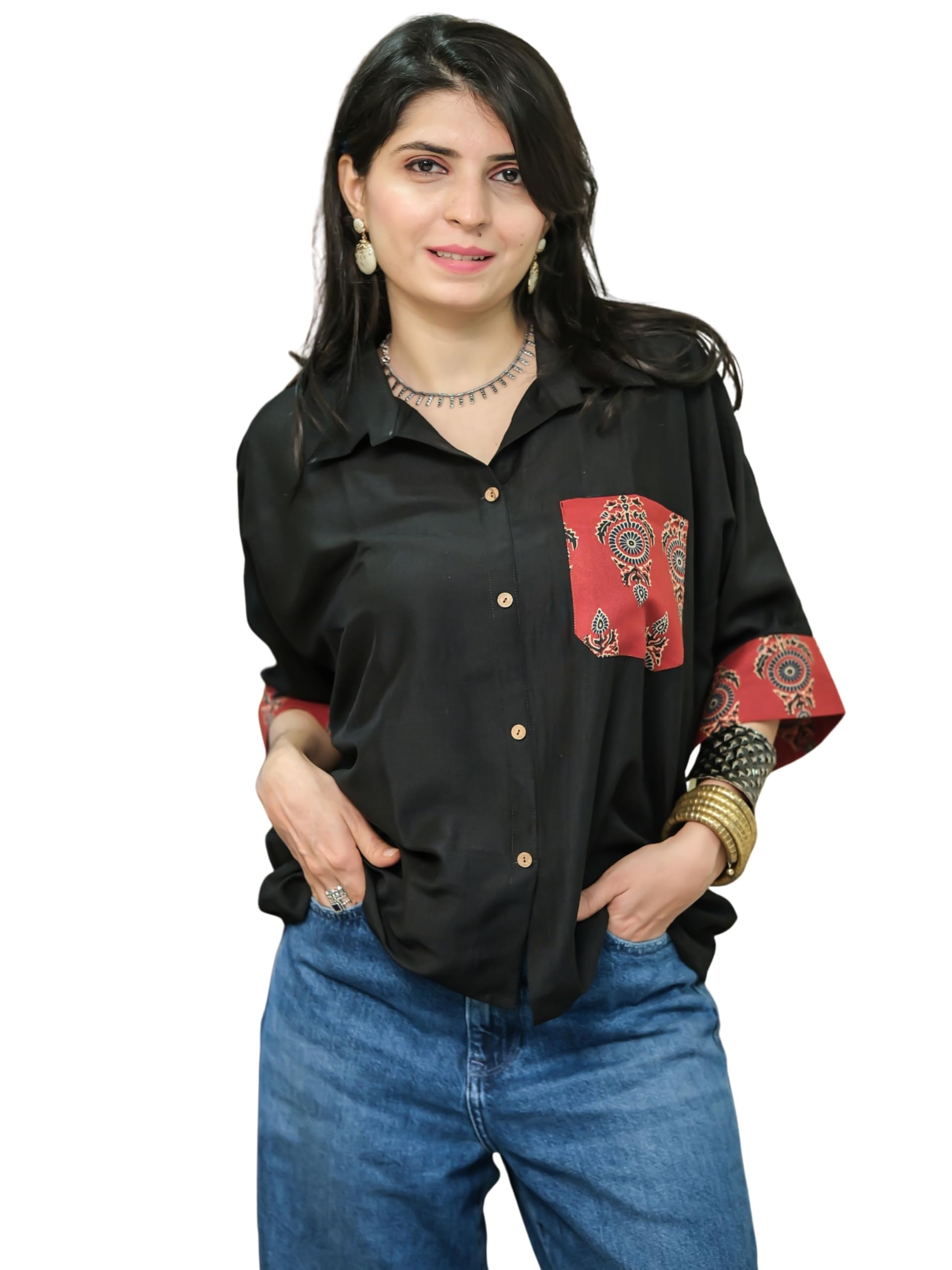 youthnic Women's Cotton Blend Printed relex Fit Pocket Boxy Shirt Style Top | Top for Women | Office wear Shirt Top-picture-35