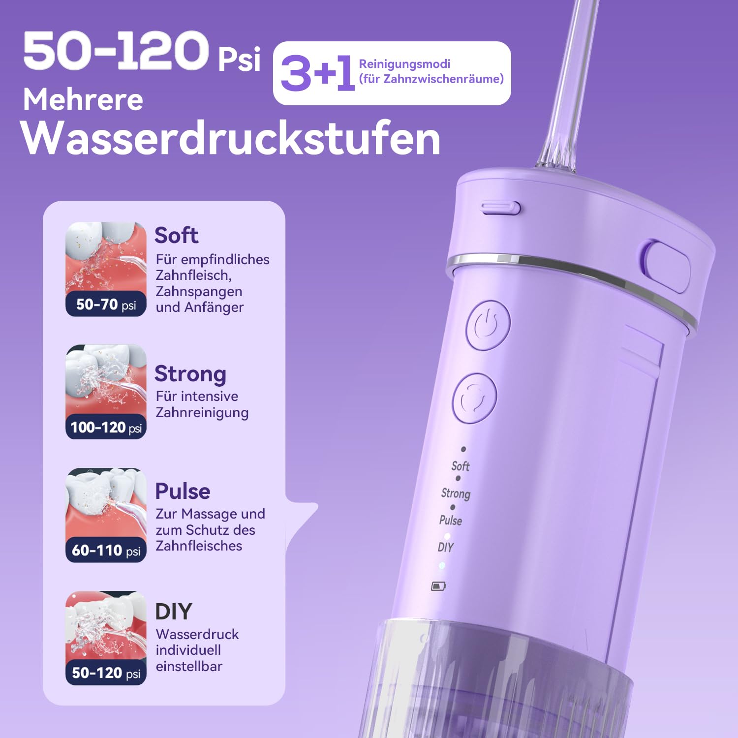 JTF Hydropulseur Jet Dentaire Portable Mini, Électrique Voyage Irrigateur Oral Detartreur Avec 5 Buses Rechange, 4 Modes Water Flosser, 230 ML Réservoir D'eau Escamotable, IPX7 Étanche(Violet)